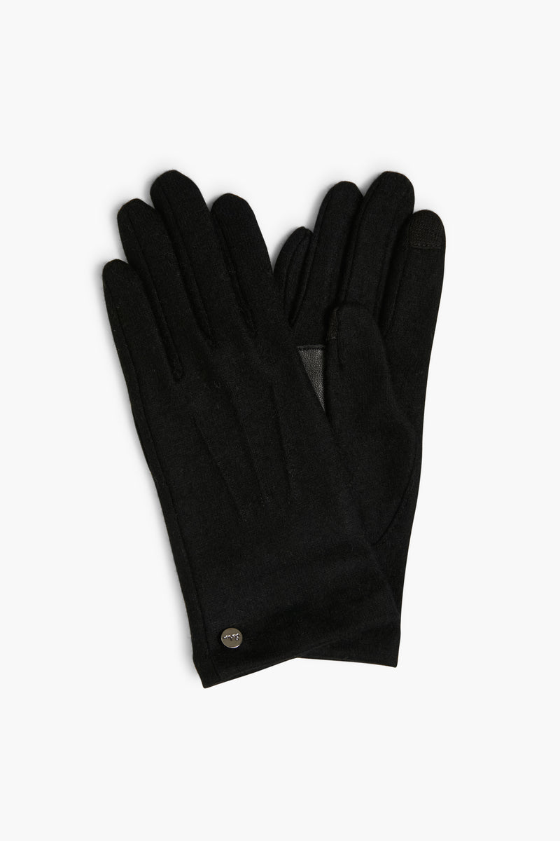 A pair of Echo black knit gloves, featuring a small round metal emblem on the wrist of one glove, combining style and comfort.