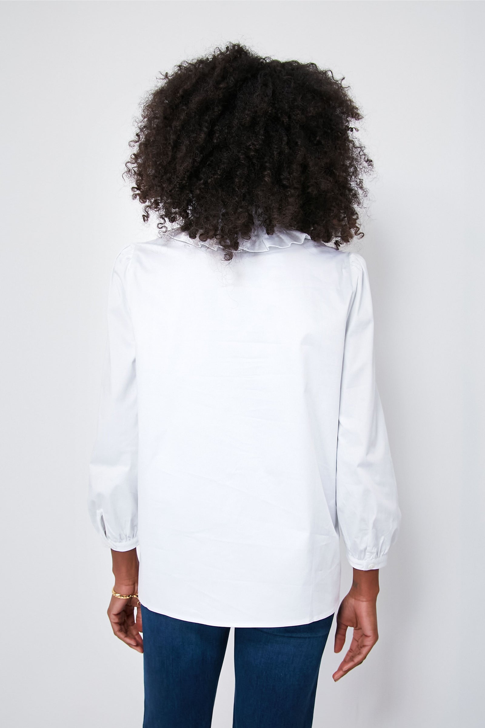 White Stretch Poplin Ruffle Neck Bouvier Blouse