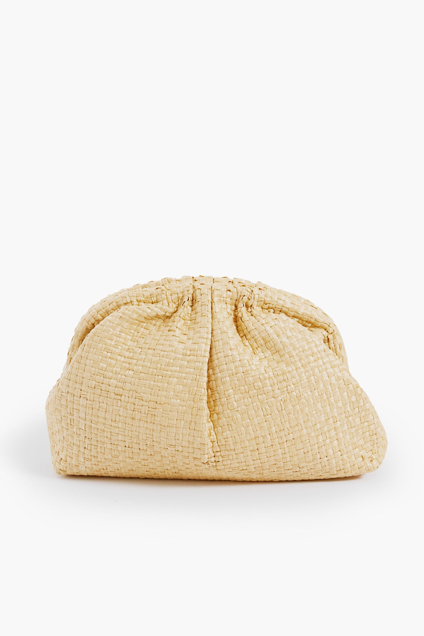 A beige handwoven raffia clutch by Maria La Rosa, featuring a soft gathered top and exceptional Italian craftsmanship.