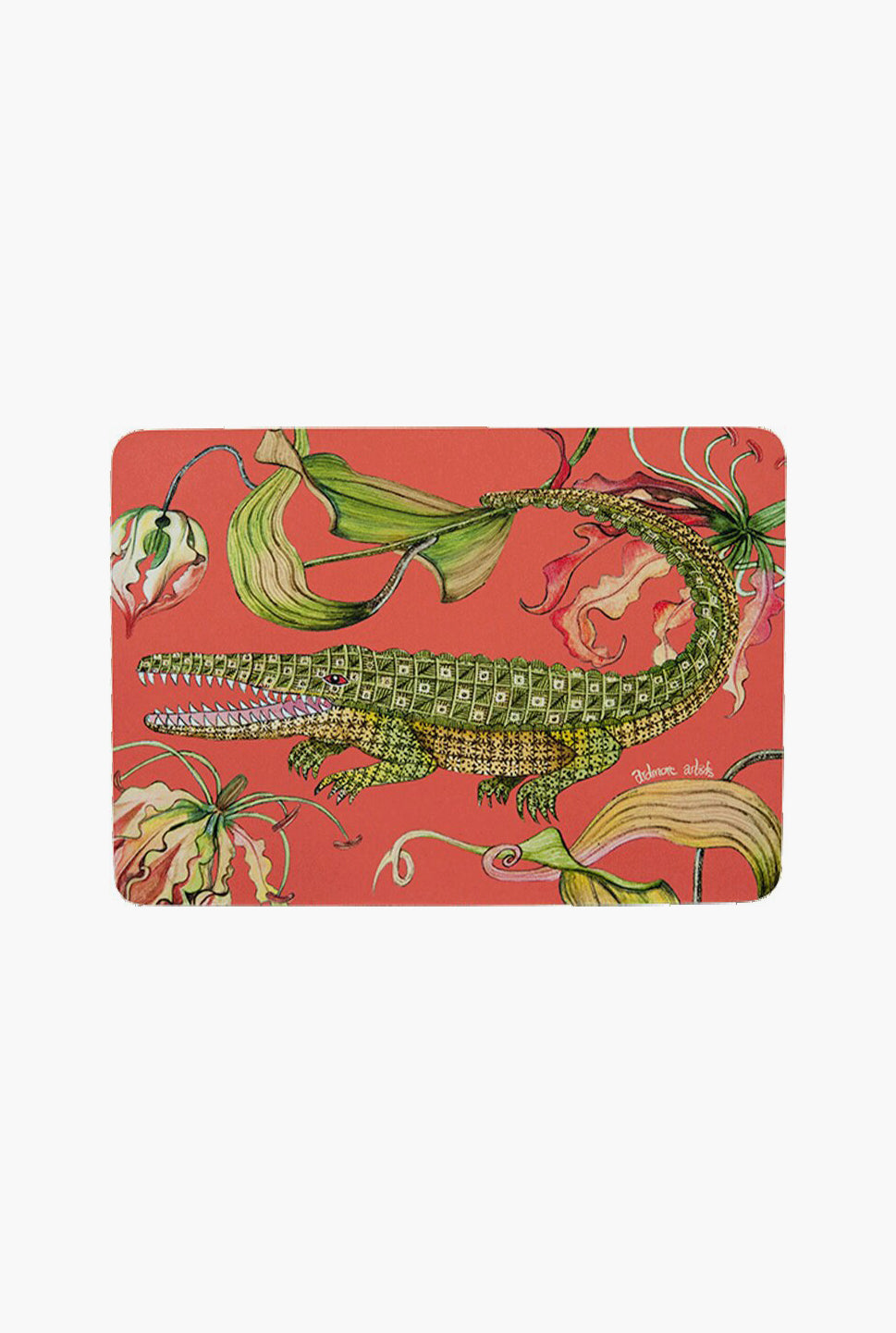 A rectangular mat by Ardmore Design featuring a green crocodile and floral motifs, inspired by South African art. Part of the modern collectibles in the Zambezi River placemats collection.