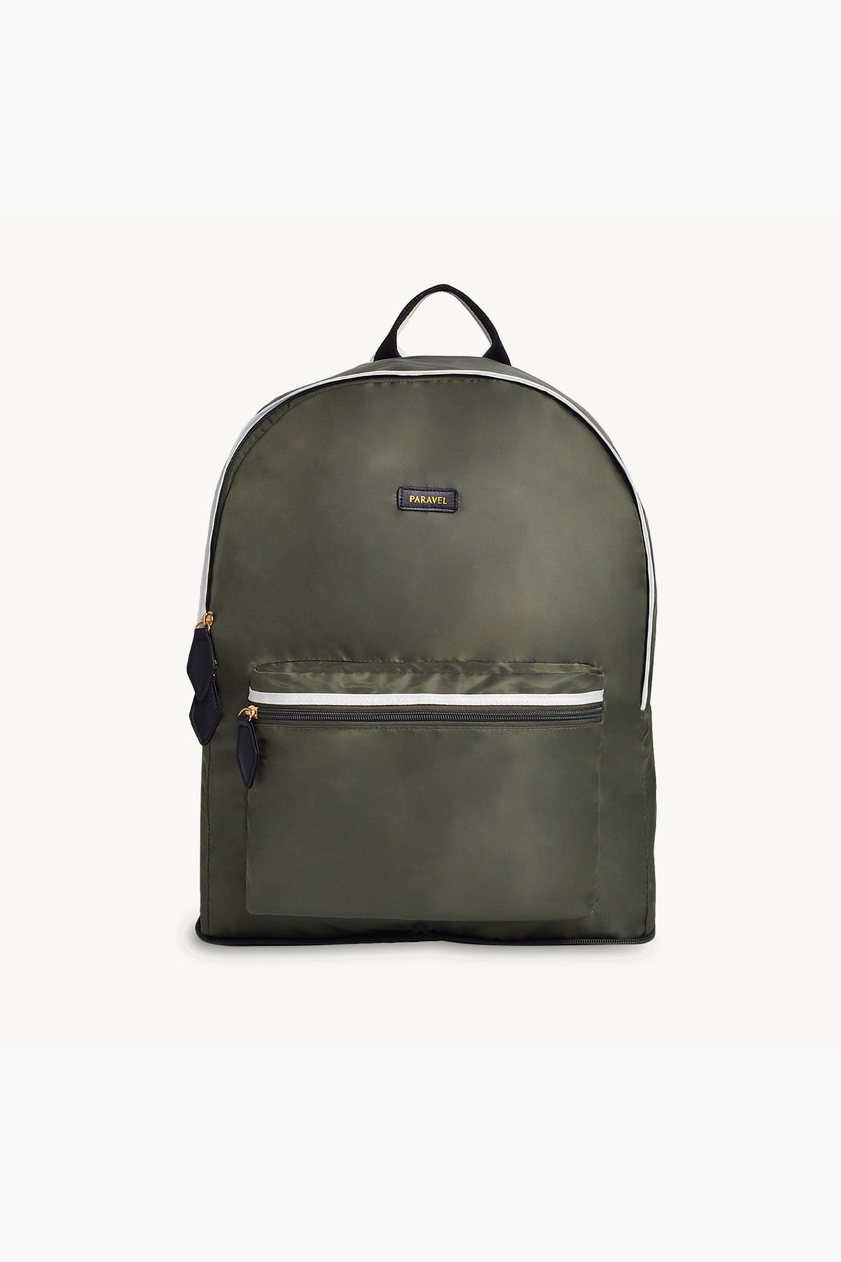 The Paravel green nylon sustainable backpack features a front zippered pocket, black handle, and gold-tone zipper pulls.