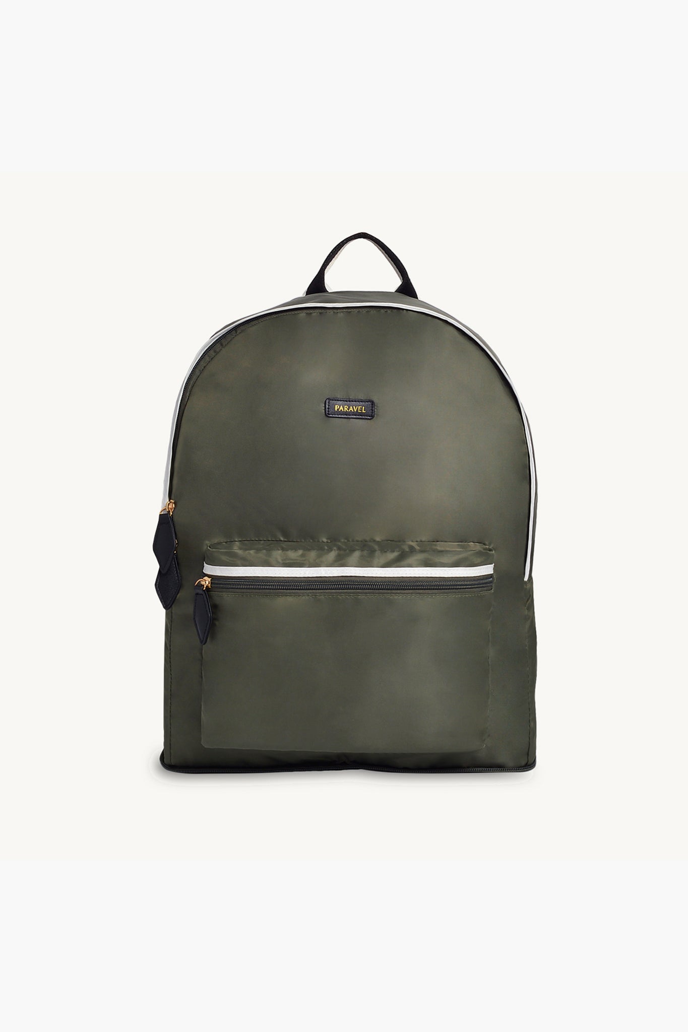 The Paravel green nylon sustainable backpack features a front zippered pocket, black handle, and gold-tone zipper pulls.
