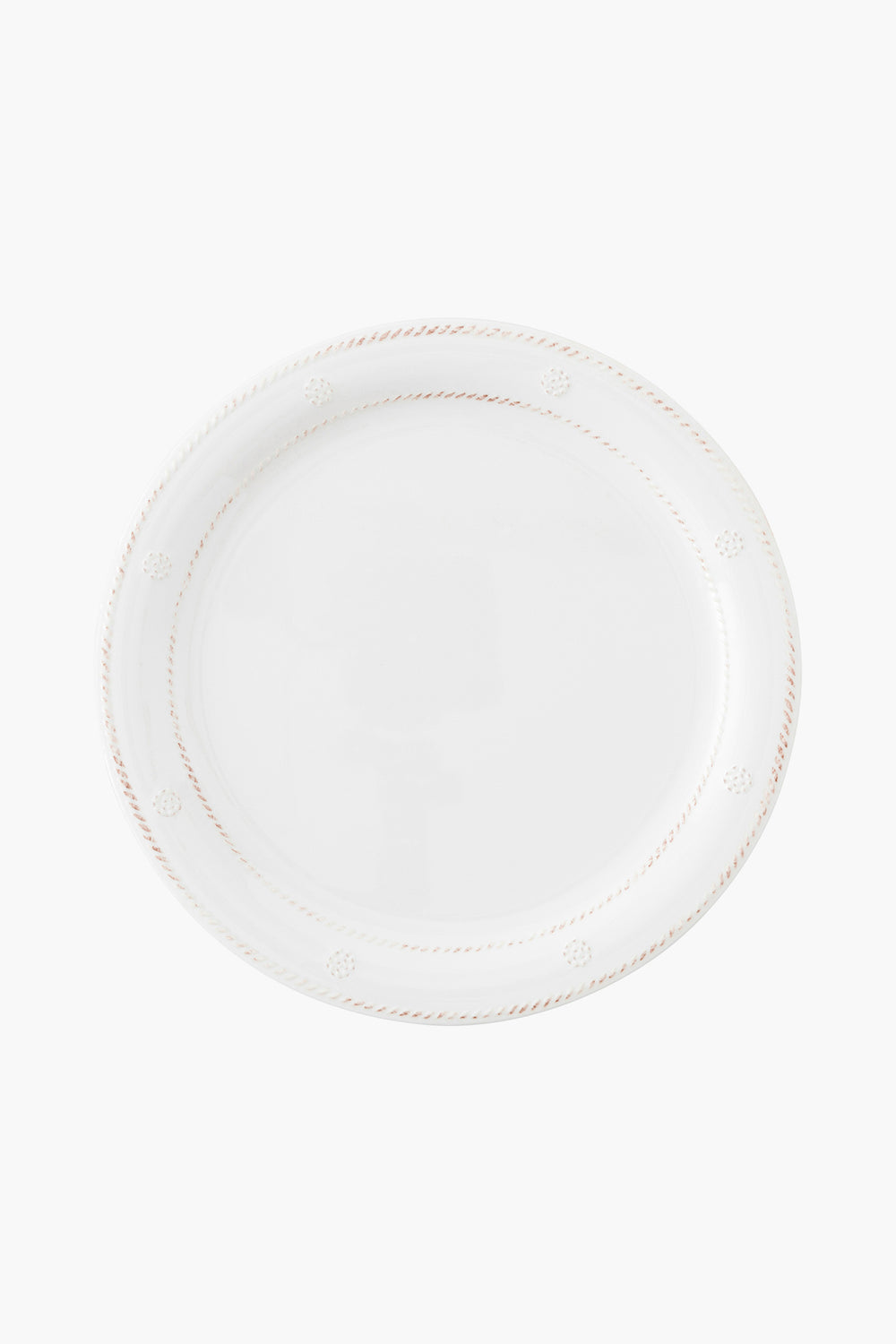 A Juliska Berry & Thread melamine dinner plate in white features a subtle decorative border and is shown from above.