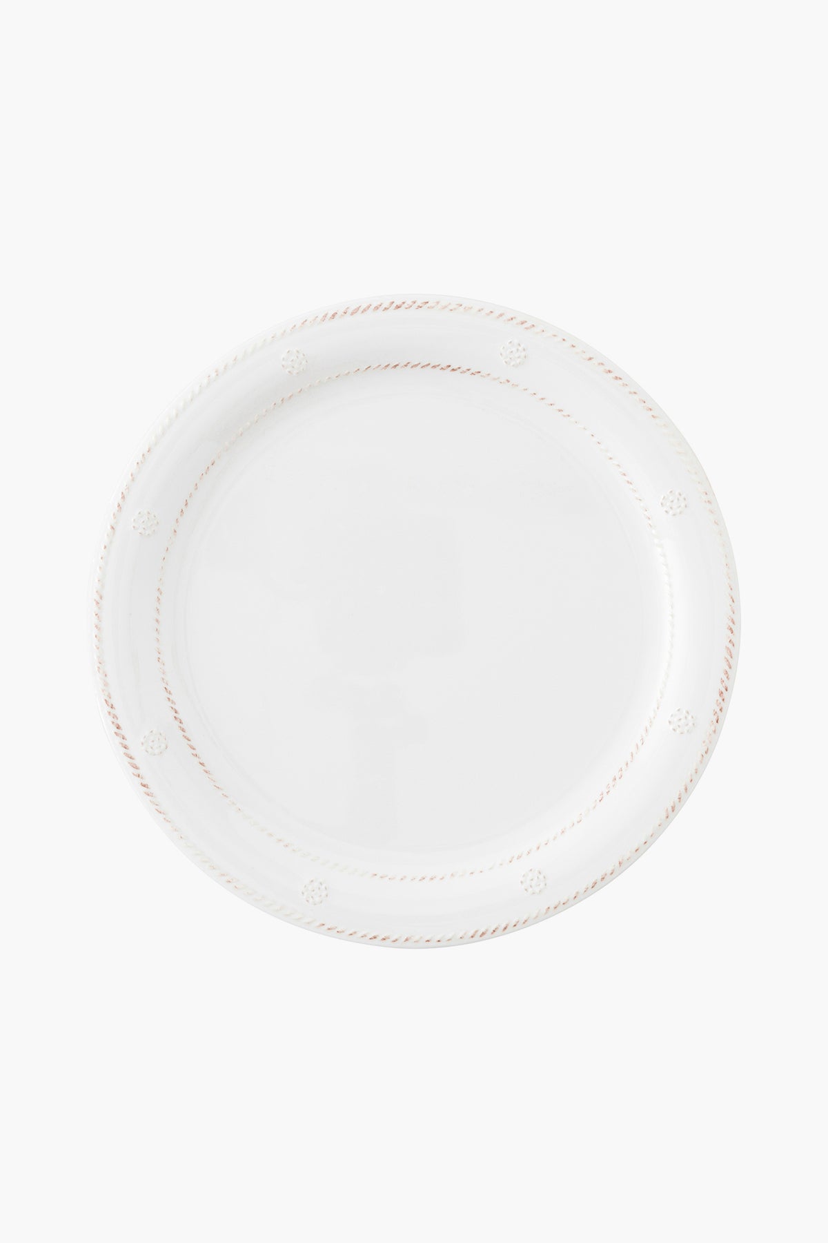 A Juliska Berry & Thread melamine dinner plate in white features a subtle decorative border and is shown from above.