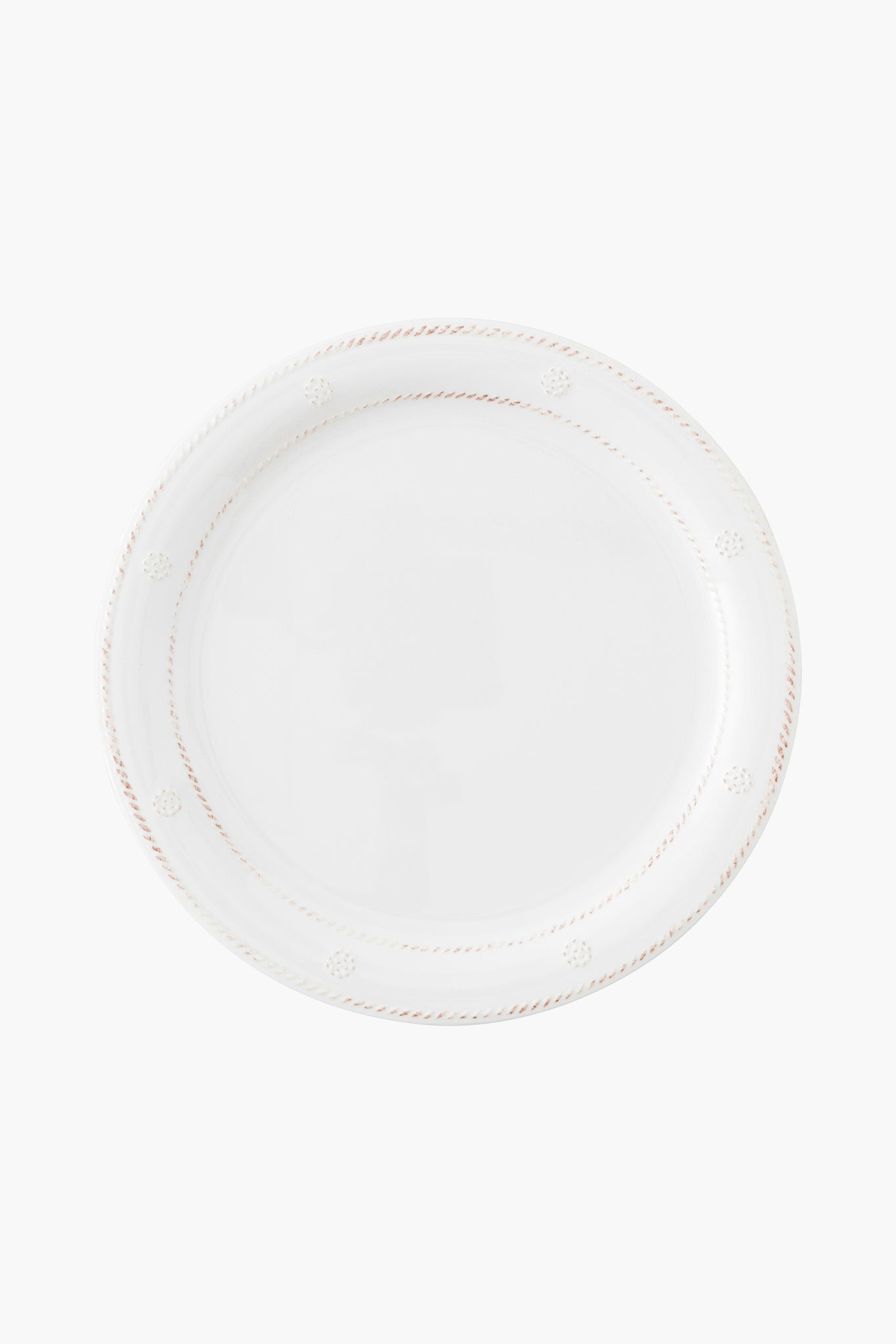 A Juliska Berry & Thread melamine dinner plate in white features a subtle decorative border and is shown from above.