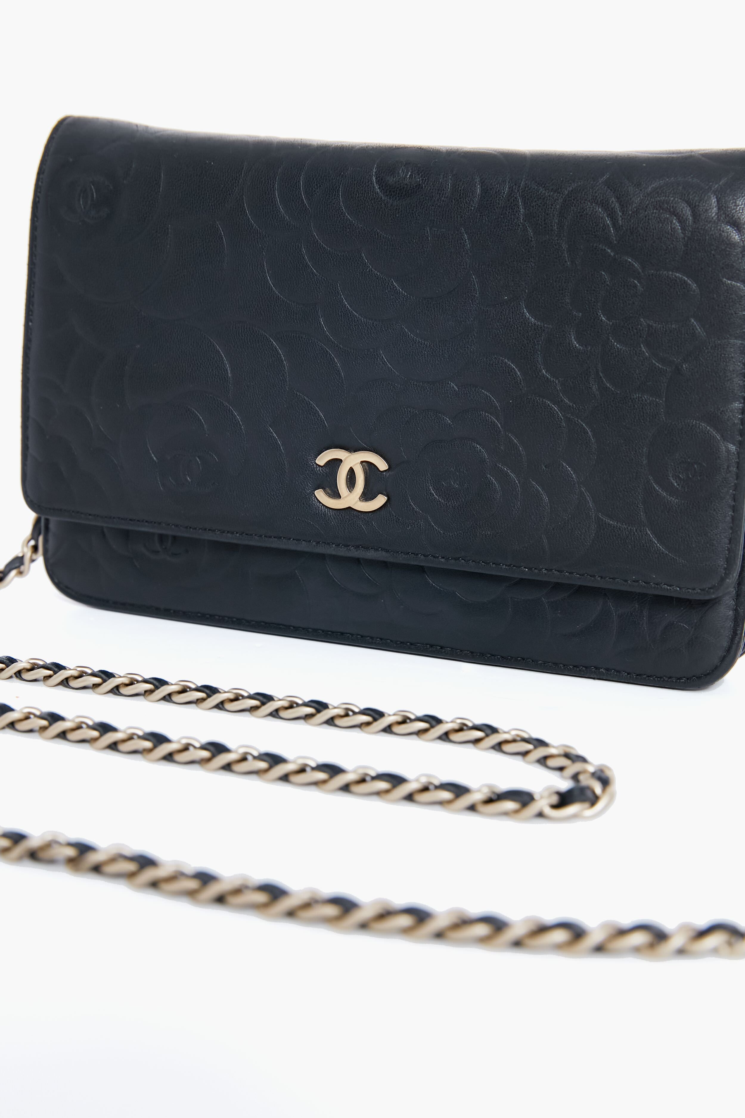 CHANEL Black Camellia Leather Wallet On Chain