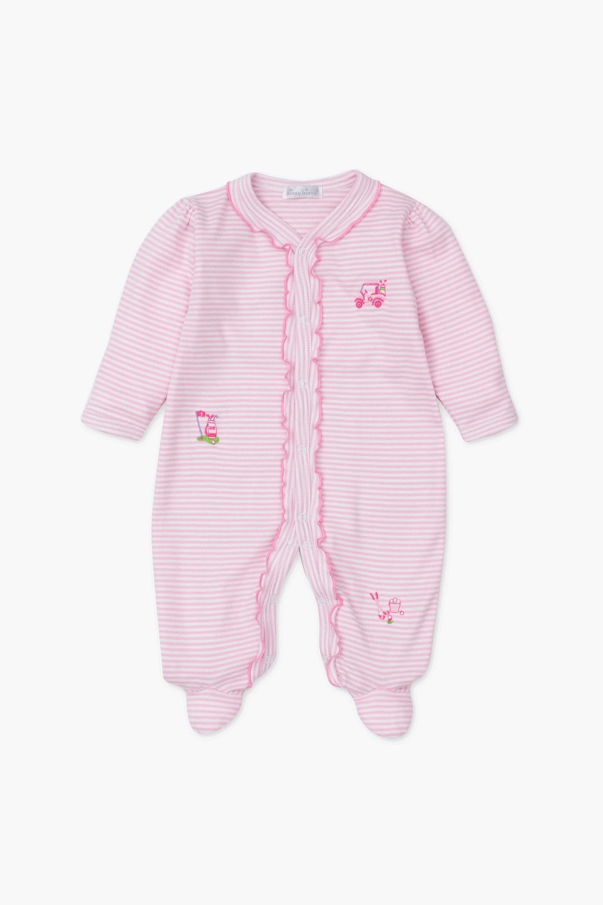 Kissy Kissy pink and white striped baby footie with long sleeves, ruffled trim, embroidered flower, toy truck, and watering can. Made from soft pima cotton for extra comfort.