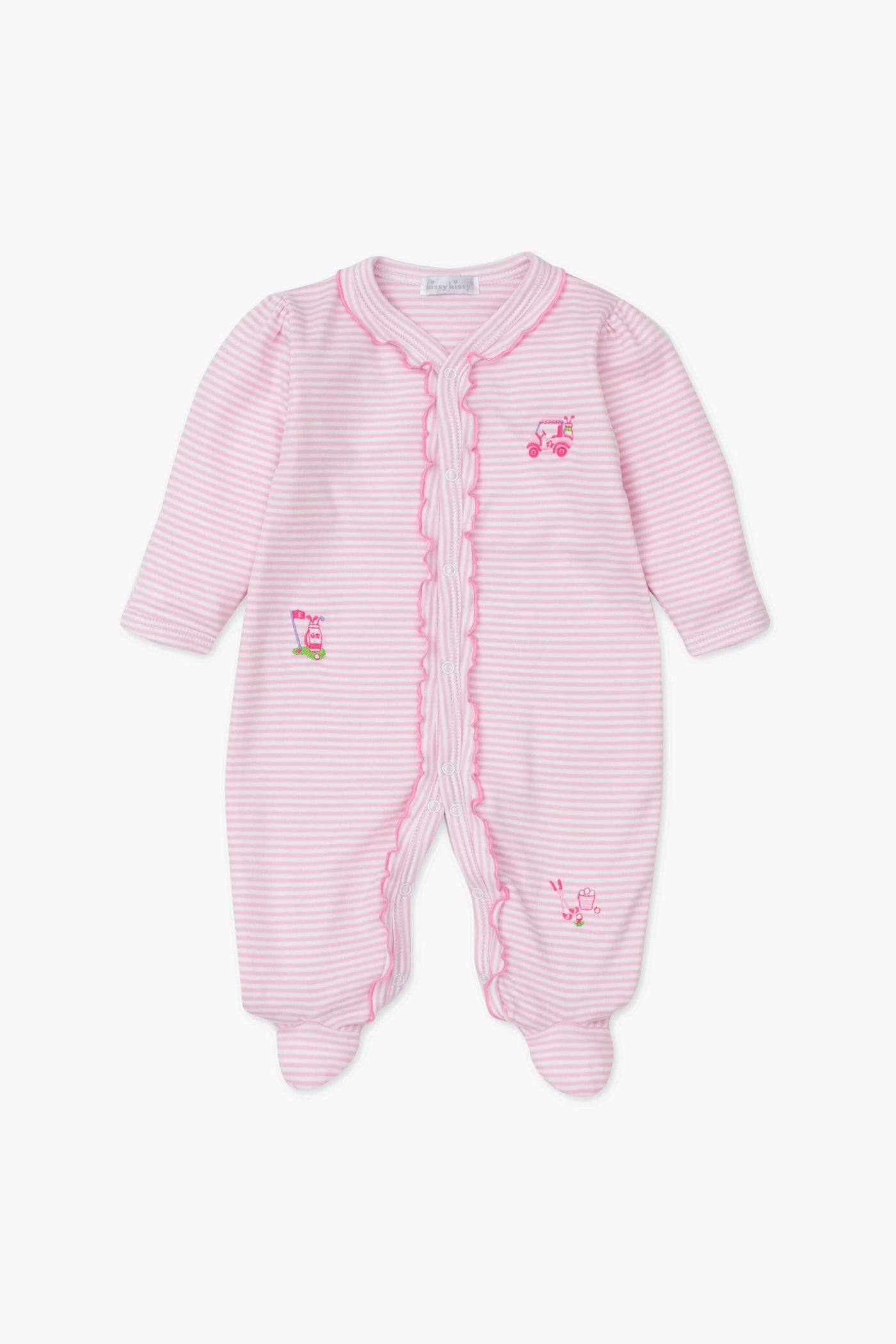 Kissy Kissy pink and white striped baby footie with long sleeves, ruffled trim, embroidered flower, toy truck, and watering can. Made from soft pima cotton for extra comfort.