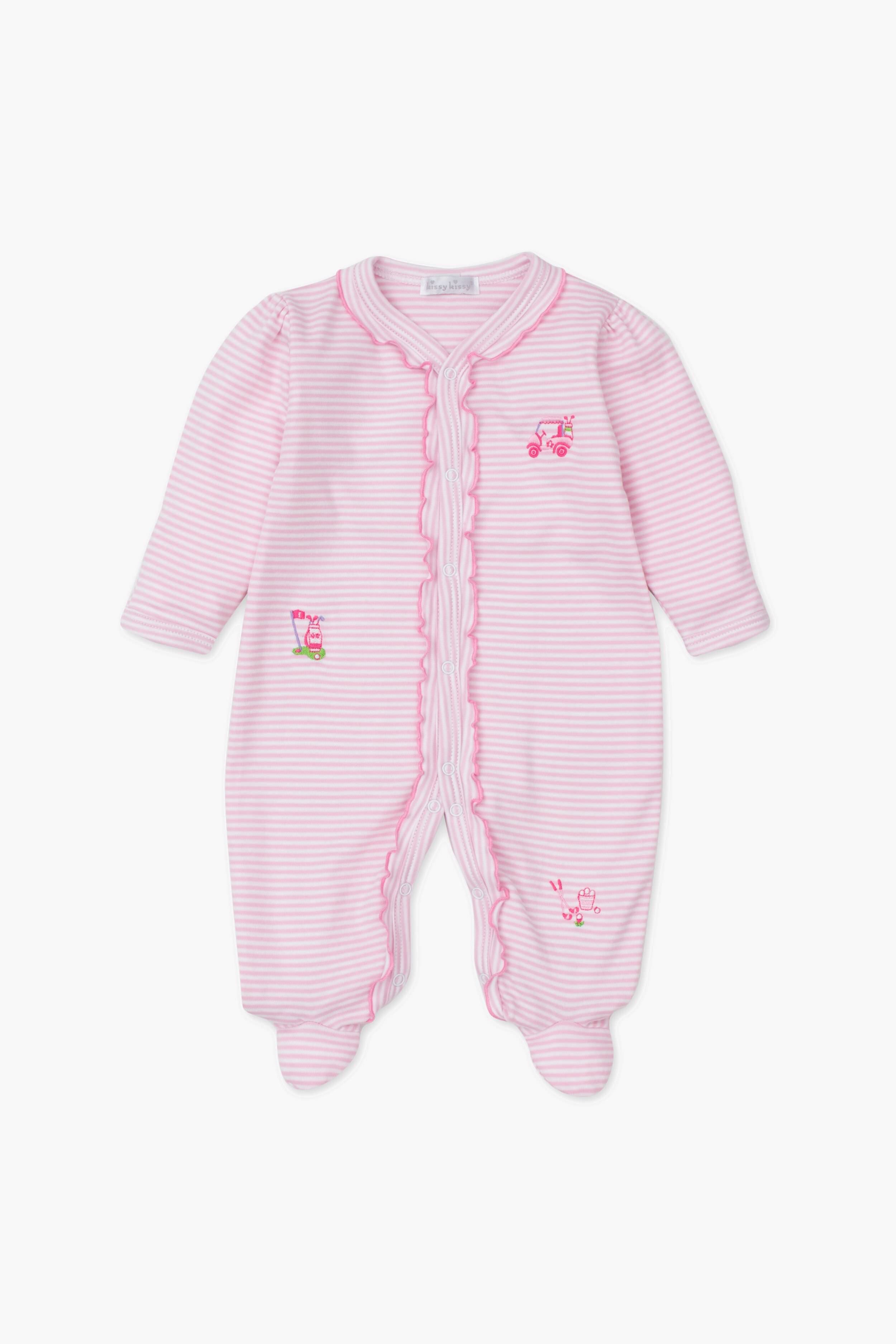 Kissy Kissy pink and white striped baby footie with long sleeves, ruffled trim, embroidered flower, toy truck, and watering can. Made from soft pima cotton for extra comfort.