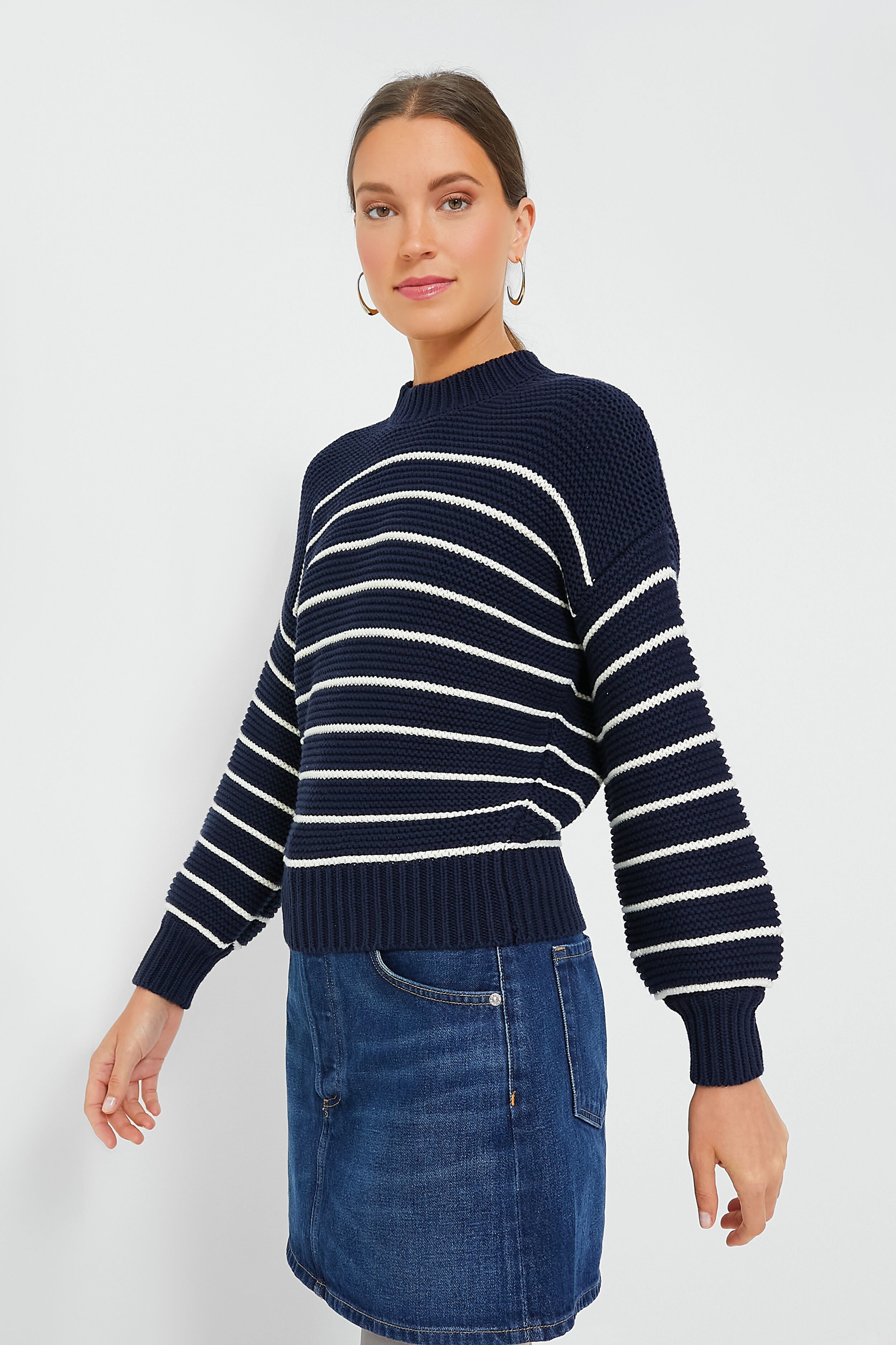 Dark Navy and Ivory Stripe Button Back Crewneck Sweater | Alex Mill ...