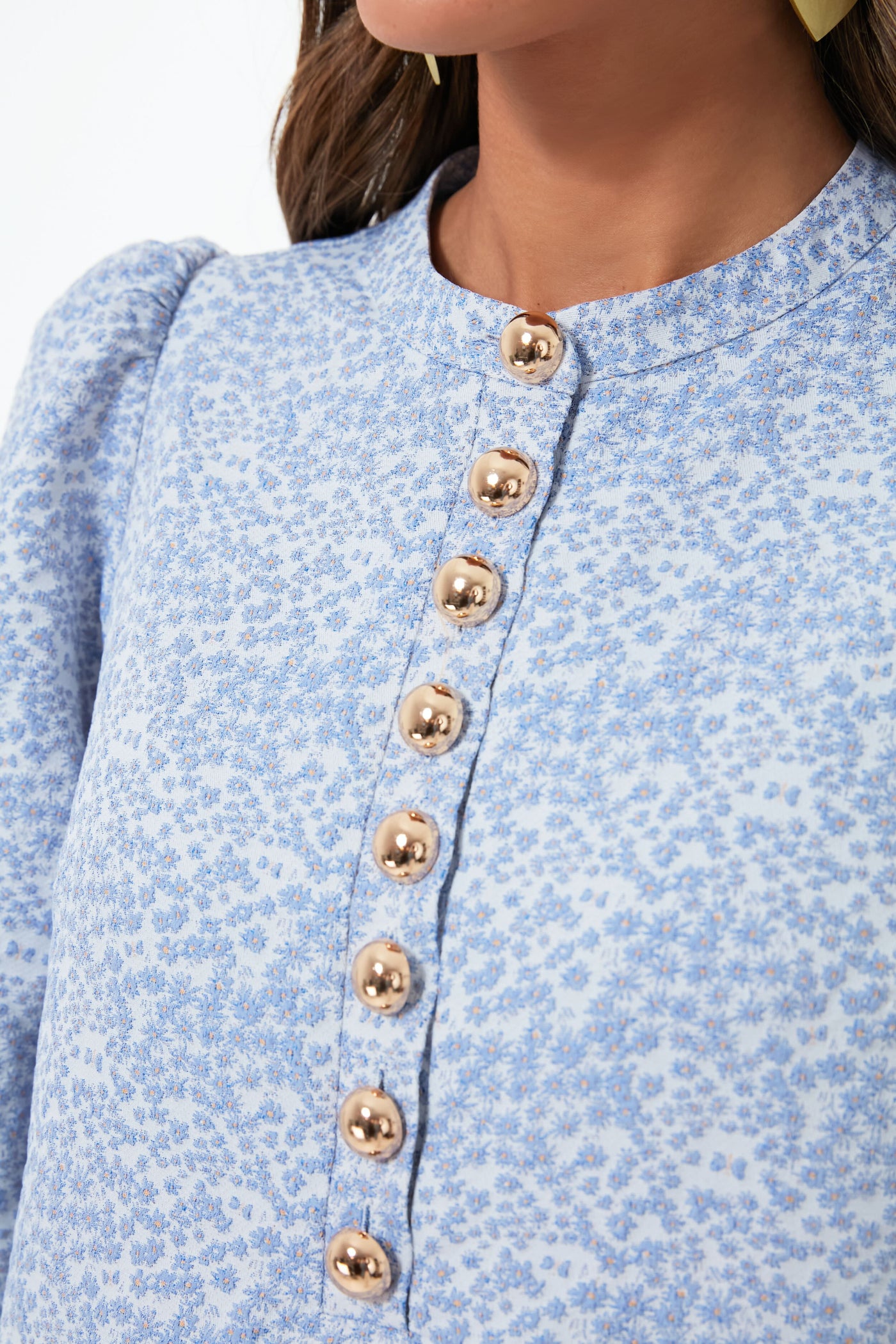 blue blossom jacquard samantha dress Samantha Off The Shoulder Frill Dress – Gina Bacconi main image 1