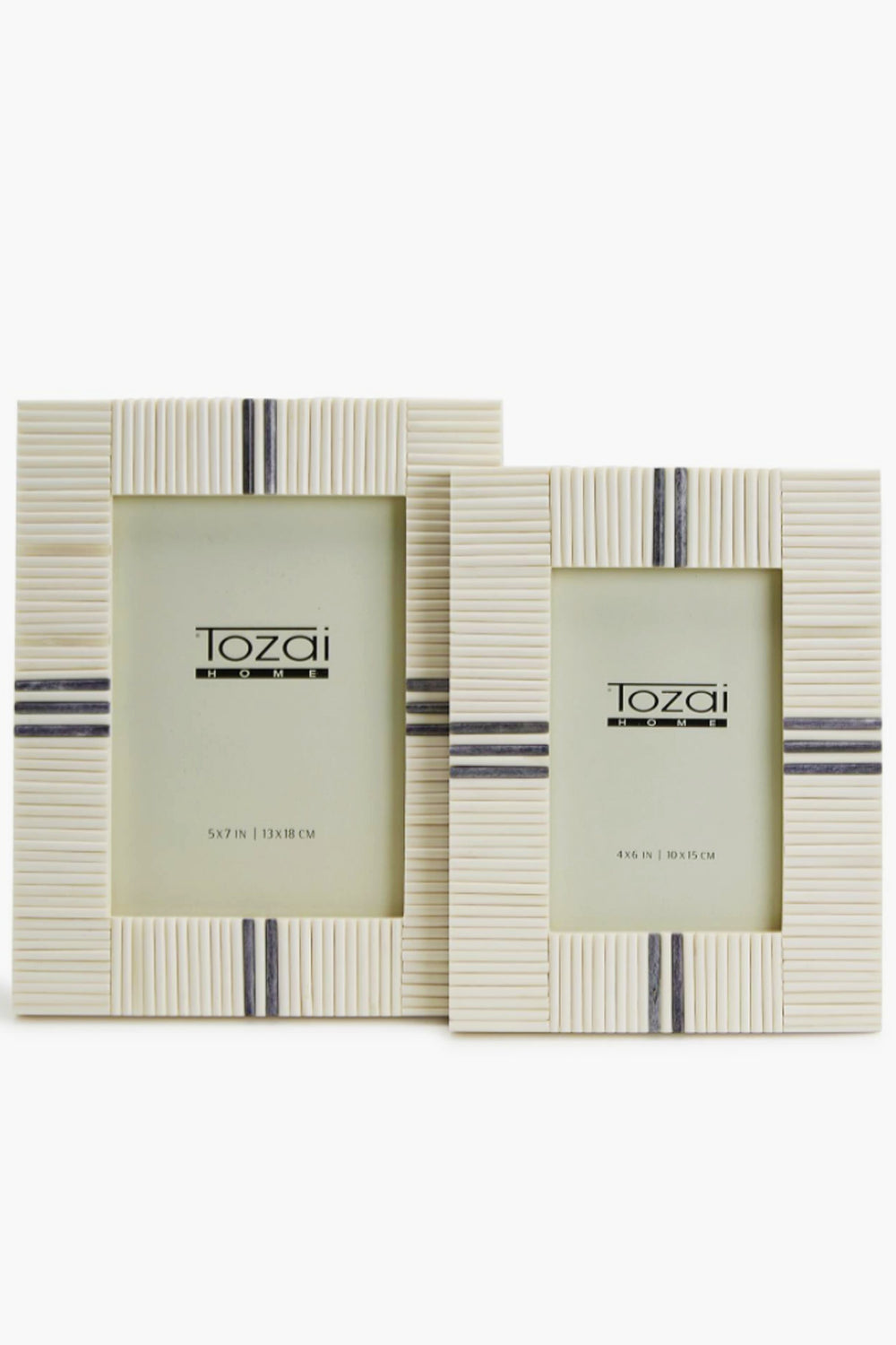 Two's Company bone inlay photo frames with cream and gray stripes—one 5x7 and one smaller—stand side by side.