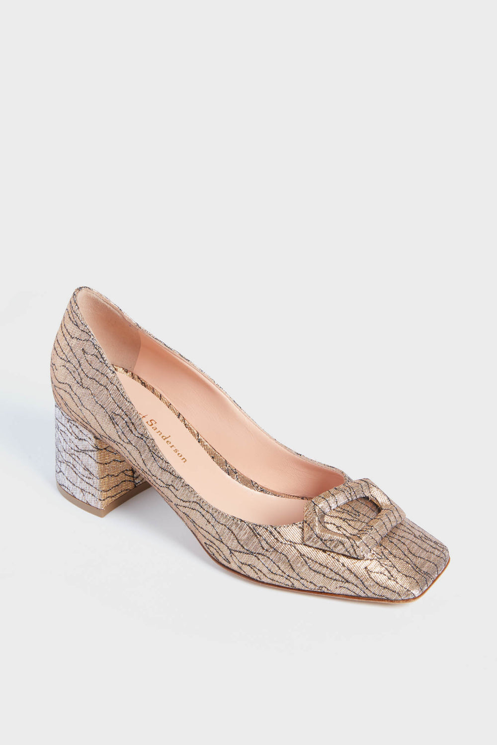 A single Rupert Sanderson Multi Gold Naxos Heel, featuring a gold and beige textured block heel, square toe, and decorative front buckle.