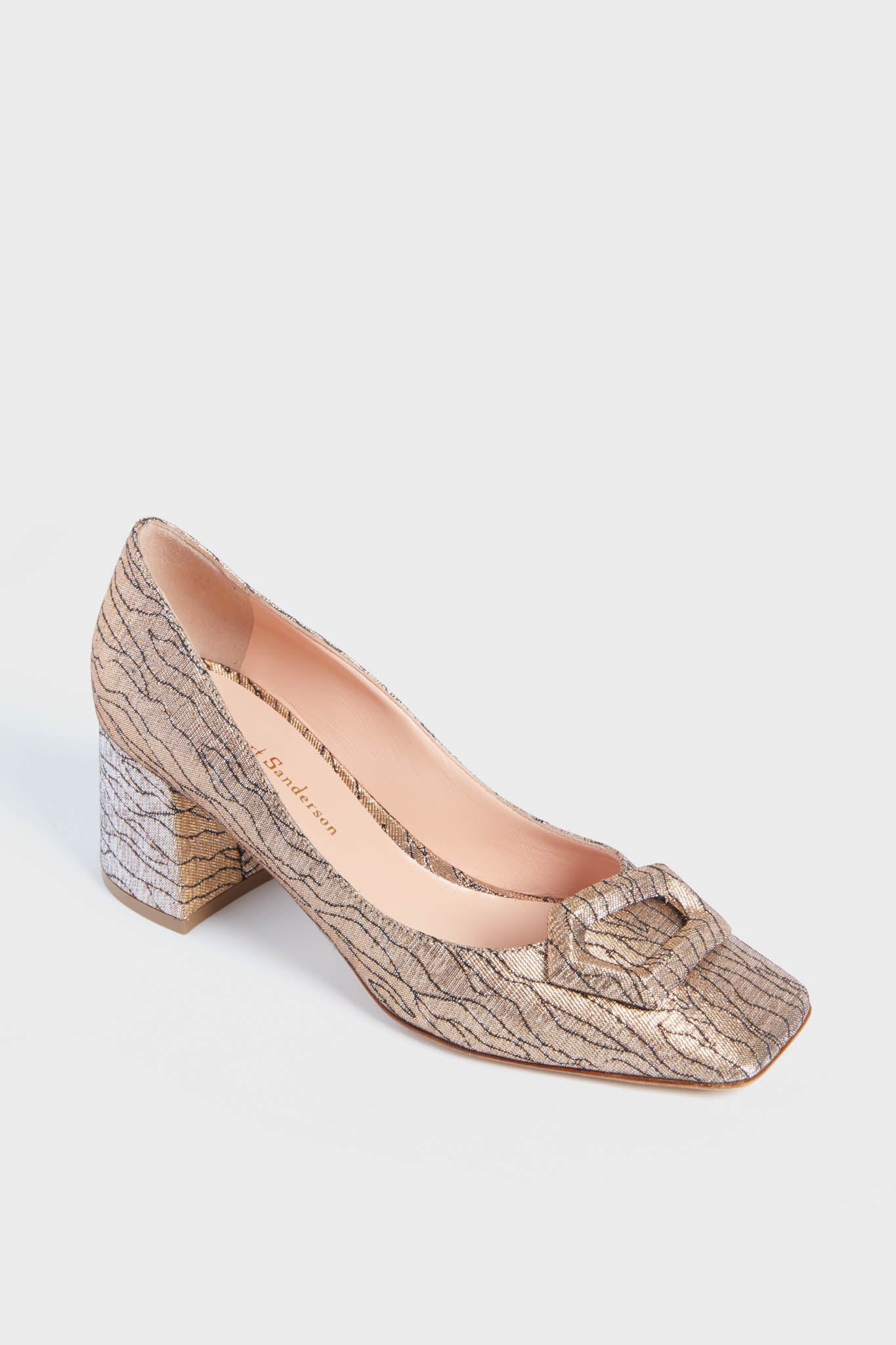 A single Rupert Sanderson Multi Gold Naxos Heel, featuring a gold and beige textured block heel, square toe, and decorative front buckle.