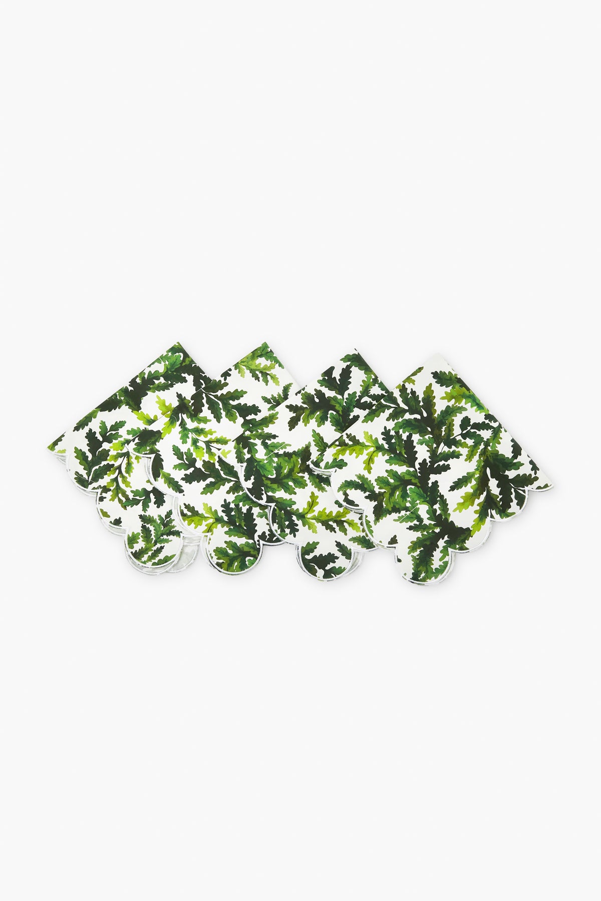 Four Chefanie Green Leaf Napkins, crafted from cotton with a charming leafy pattern and scalloped edges, are arranged in a row—perfect as a thoughtful housewarming gift.