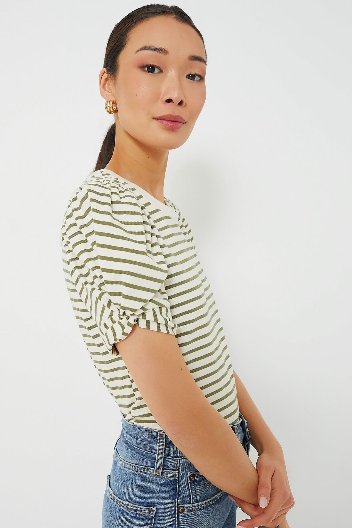 Vesty Olive Striped Vesty Puff Short Sleeve Crewneck | Pomander Place