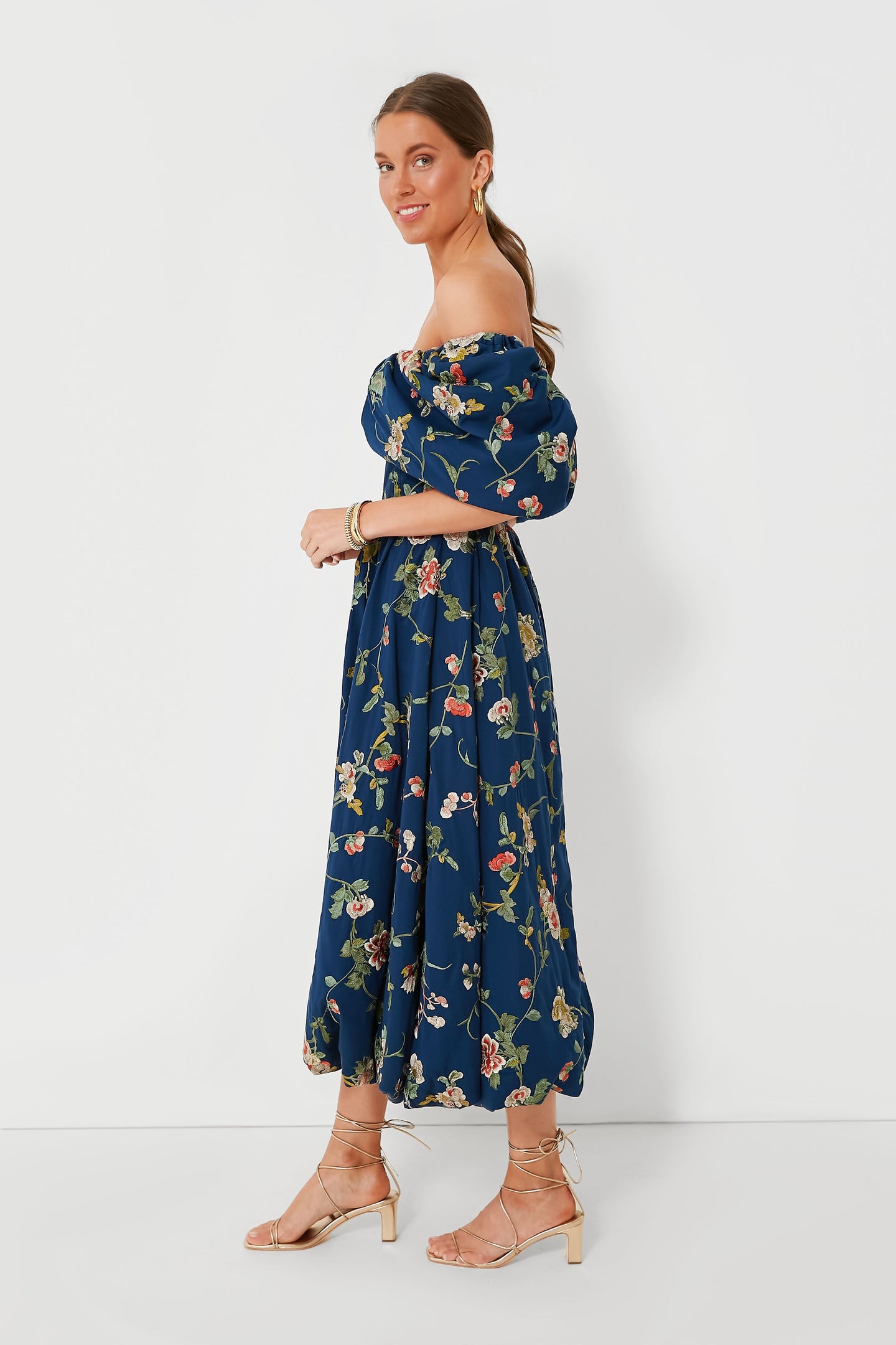 Navy Julian Embroidery Off Shoulder Dress
