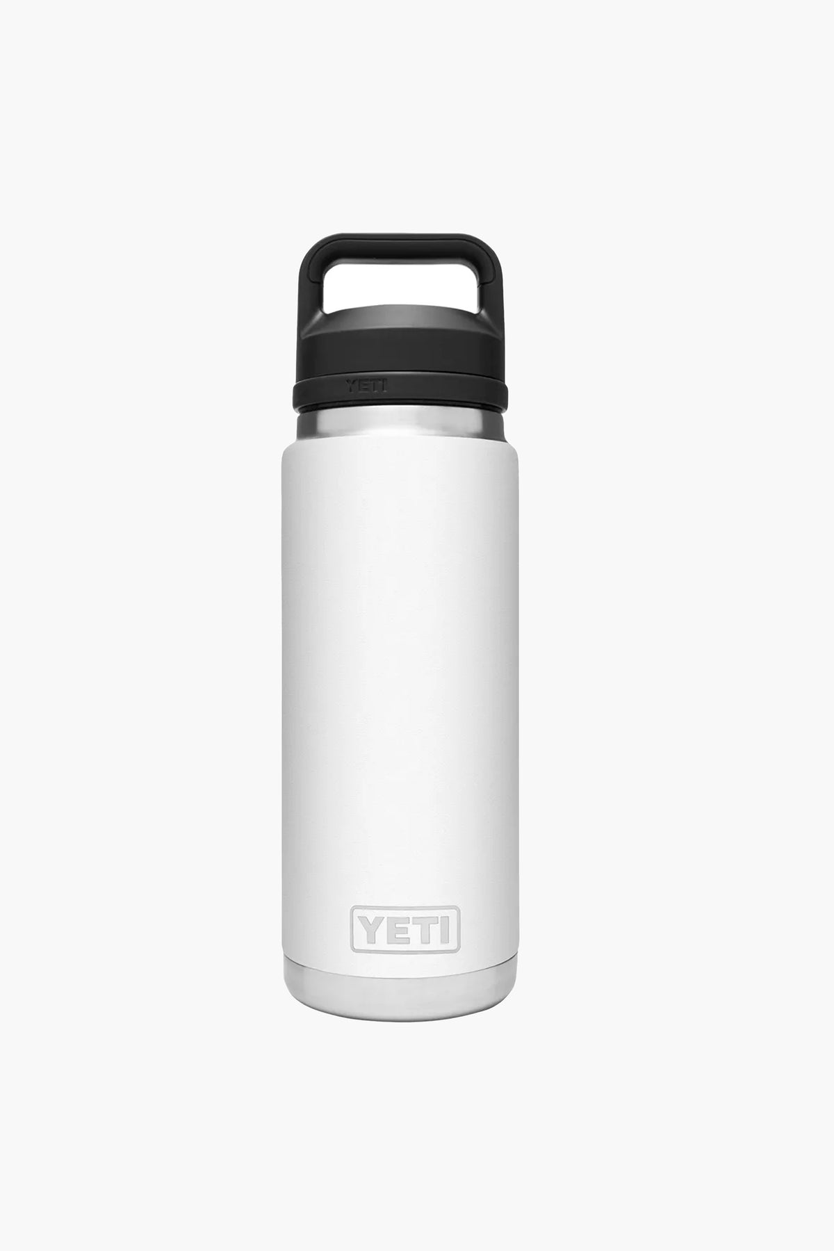 A YETI Rambler Bottle, white and made of stainless steel, features a black screw-on lid and handle.