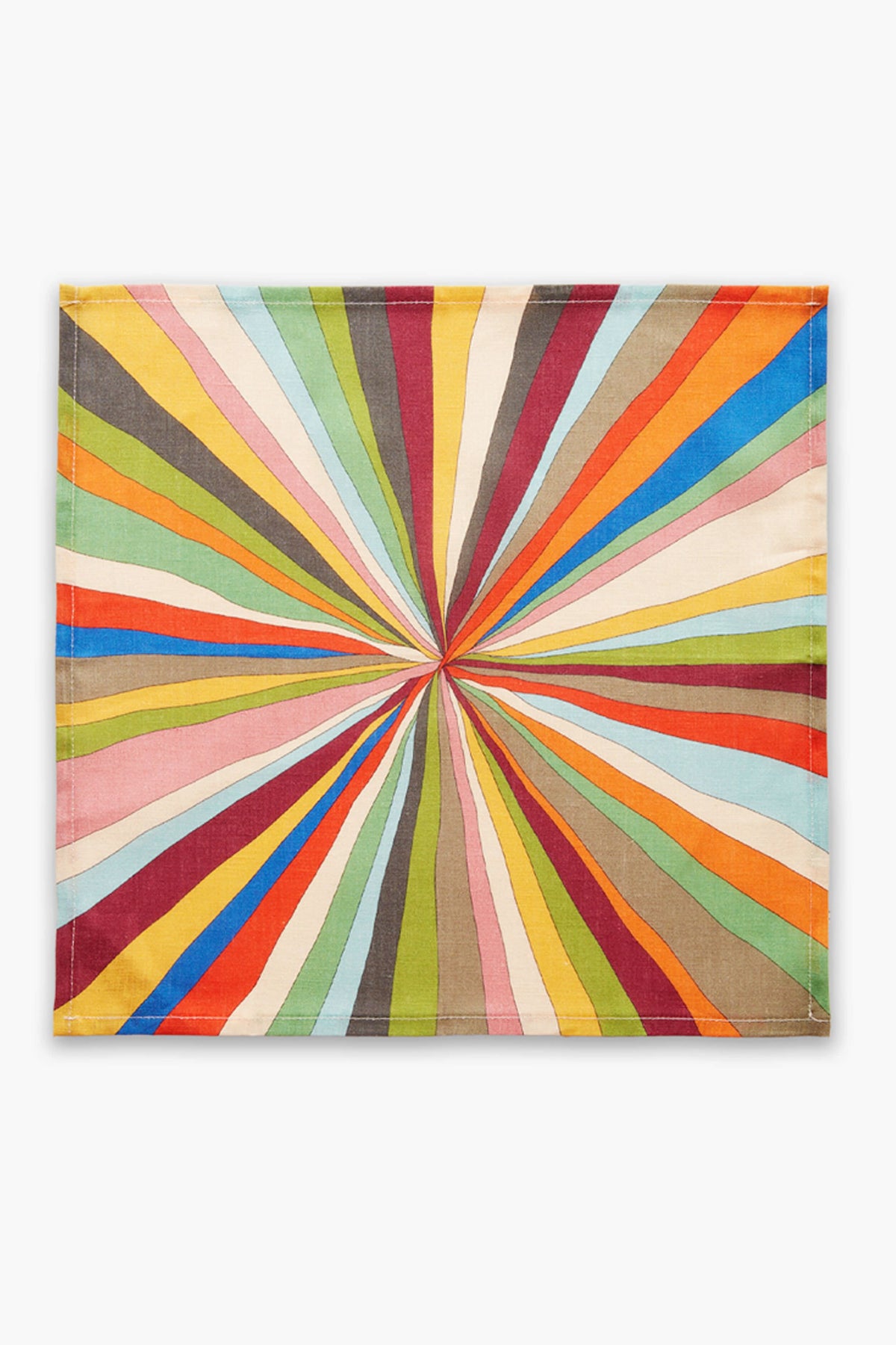 A rectangular cloth by La DoubleJ featuring a vibrant, multicolored sunburst pattern with irregular stripes, inspired by the brand’s iconic colorful table linens.
