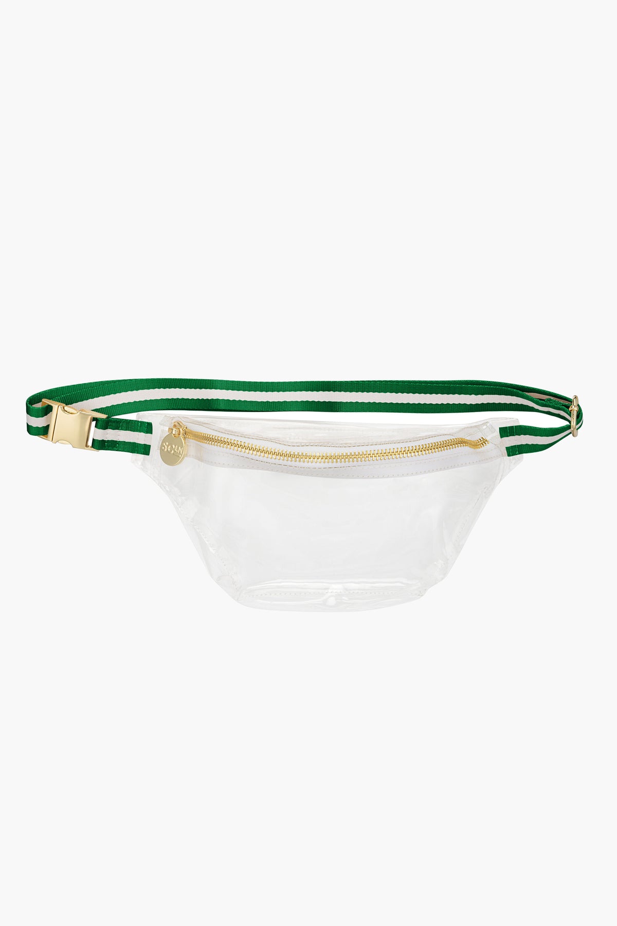 The Stoney Clover Lane stadium fanny pack features a clear body, gold zipper, and green-and-white striped adjustable strap—perfect for hands-free accessorizing.