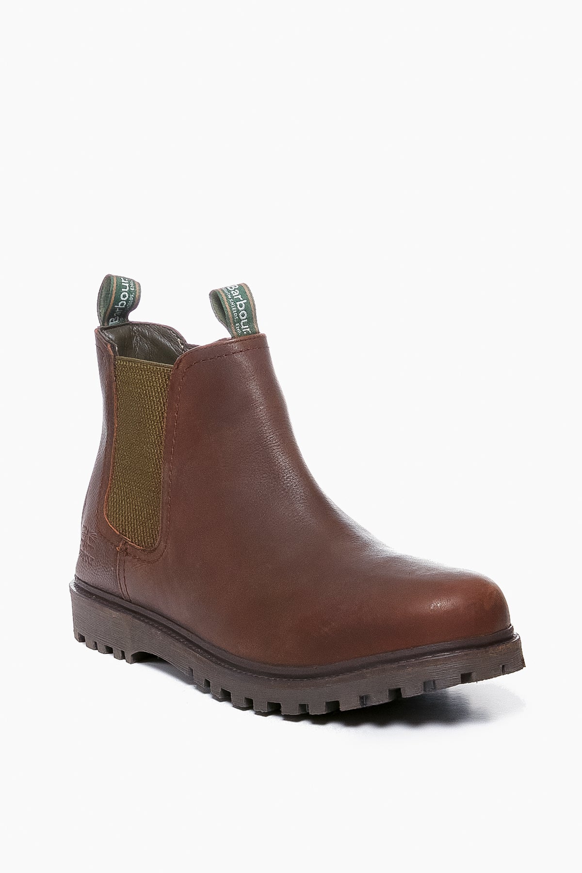 Barbour Cadair Boot: Brown leather with green elastic side panels, pull tabs, and a rugged rubber sole. Waterproof and ideal for winter.