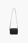 Clare V Midi Sac rectangular crossbody bag in black quilted leather features a long strap, making it perfect for everyday style.