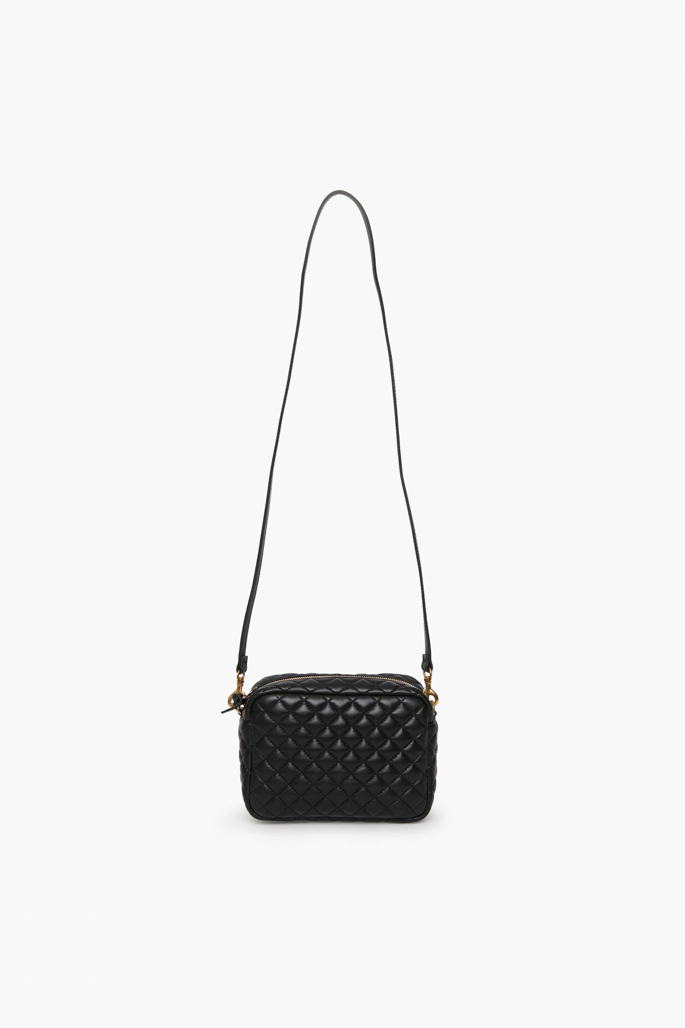 Clare V Midi Sac rectangular crossbody bag in black quilted leather features a long strap, making it perfect for everyday style.