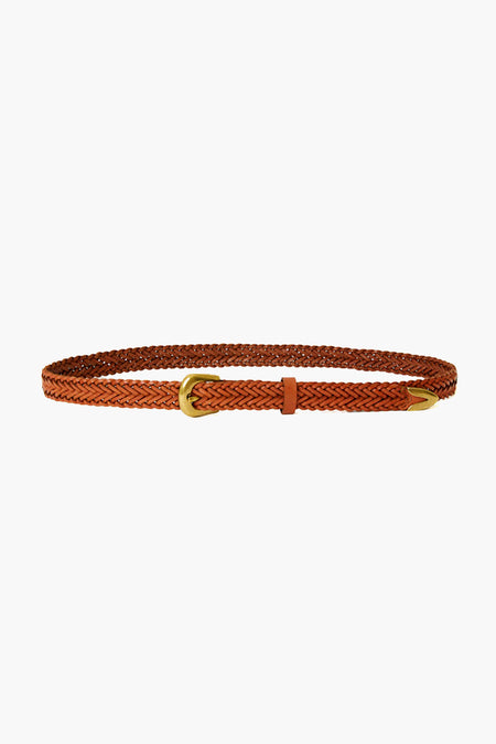 A brown fishtail braided genuine leather hip belt with a gold buckle by B-Low the Belt.