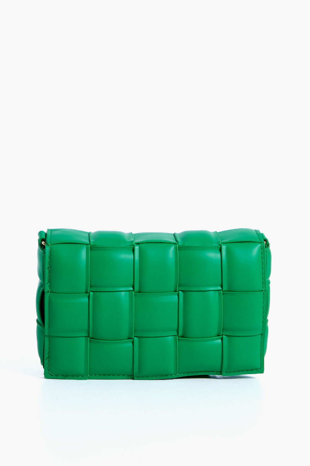 The Urban Expressions Kelly Green rectangular woven bag features a large, padded pattern, crafted from vegan leather and designed as an animal-friendly crossbody.