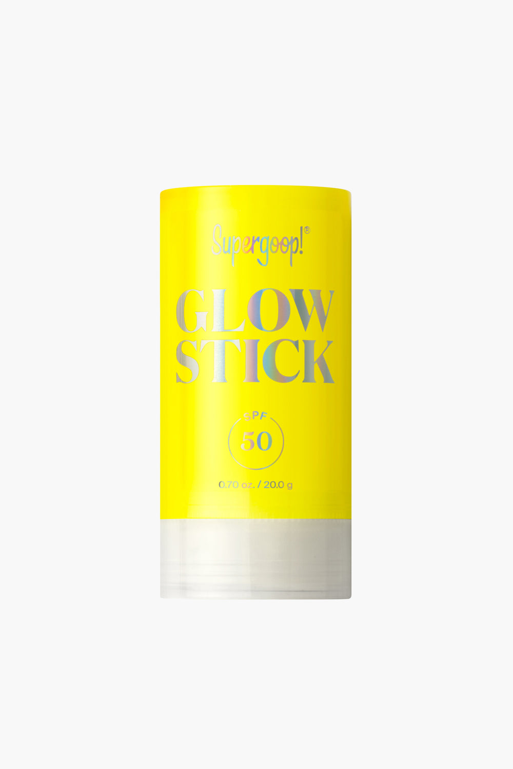 A Supergoop! Glow Stick SPF 50 sunscreen stick in yellow, made to give a dewy finish.