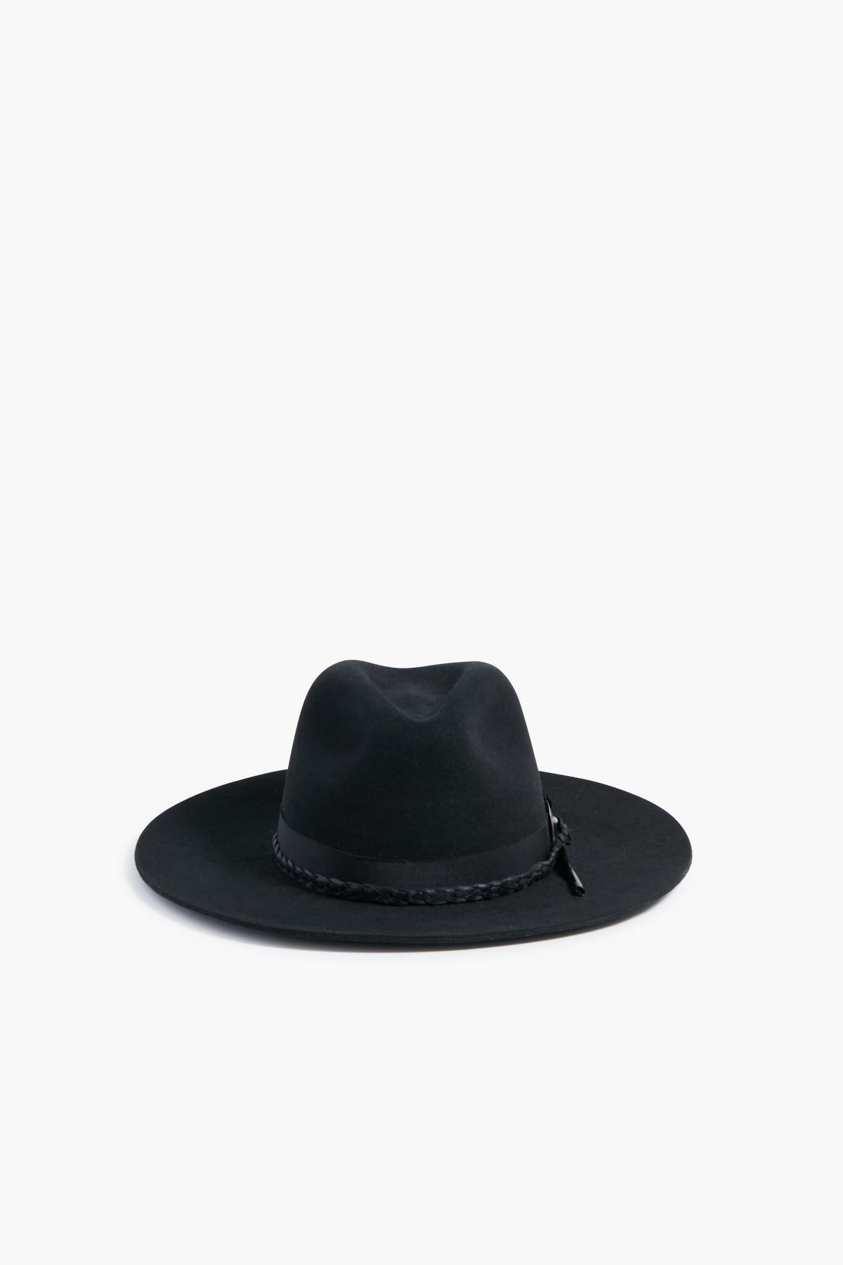 A black wide-brimmed felt fedora by Hampui Hats, featuring a braided band—ideal for those seeking custom-made or sustainable hats.