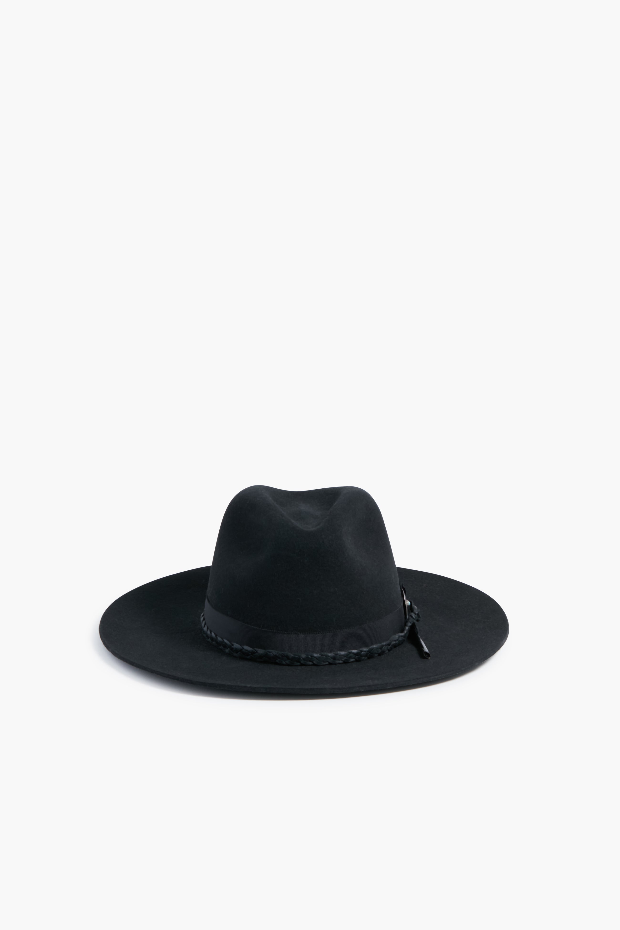 A black wide-brimmed felt fedora by Hampui Hats, featuring a braided band—ideal for those seeking custom-made or sustainable hats.