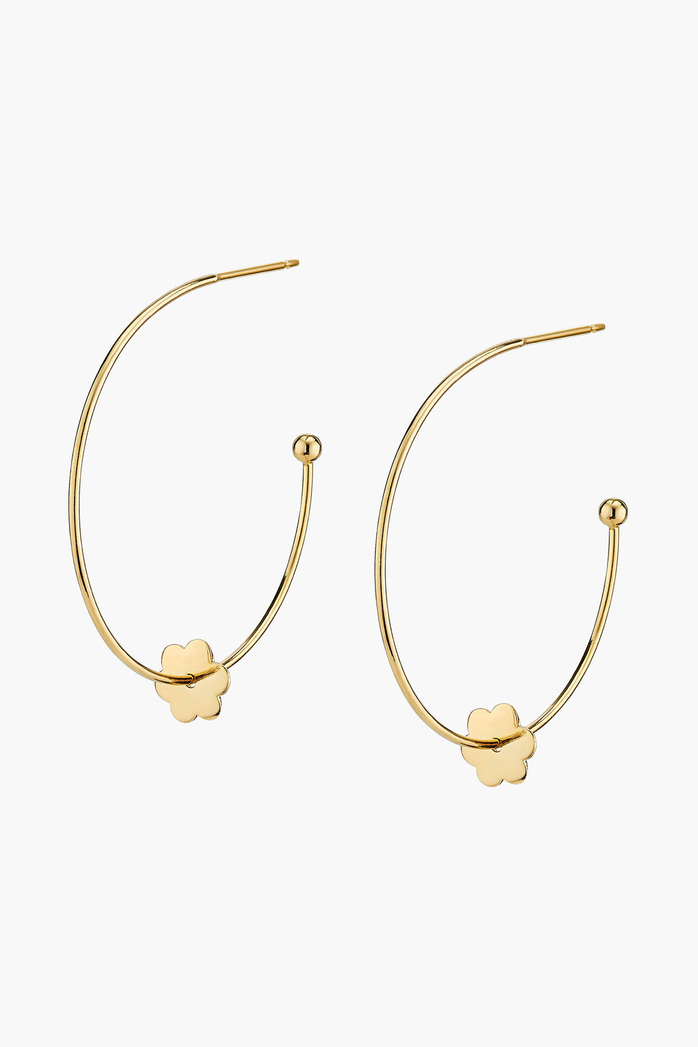 ASHA gold flower earrings feature a small flower-shaped charm and ball tip on each open end, perfect for adding a charming touch to any outfit.