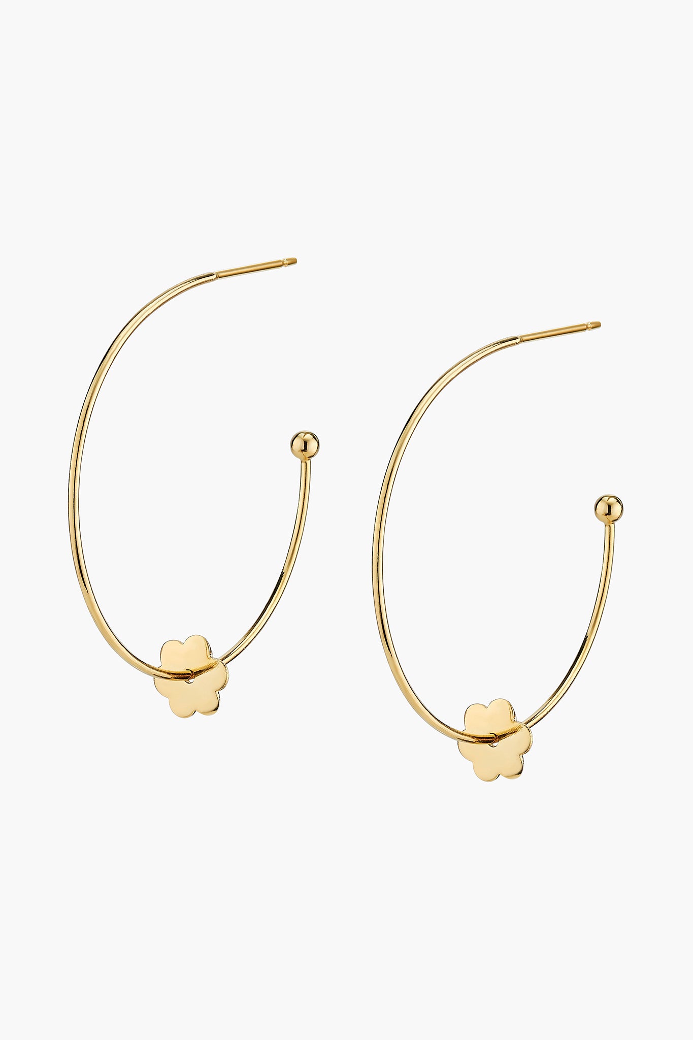 ASHA gold flower earrings feature a small flower-shaped charm and ball tip on each open end, perfect for adding a charming touch to any outfit.