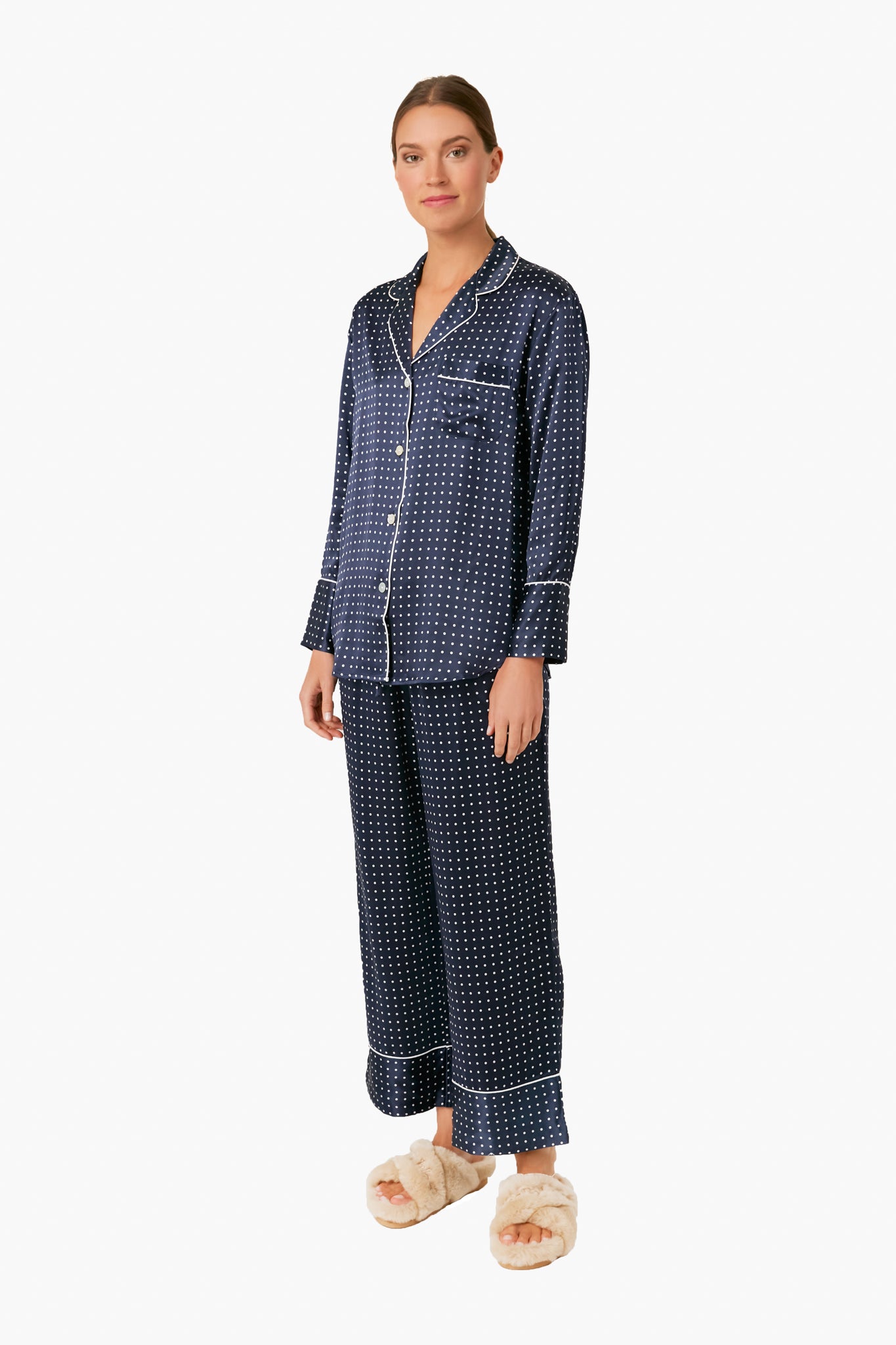 Navy Silk Polka Dot Classic Pajama Set