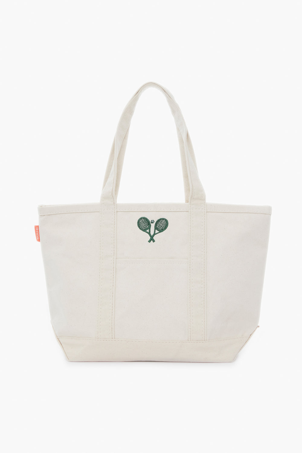The Tnuck Sport tote is a plain off-white canvas tennis racket bag with two handles and an embroidered green tennis rackets logo on the front.