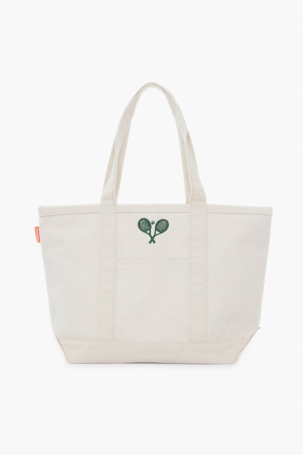 The Tnuck Sport tote is a plain off-white canvas tennis racket bag with two handles and an embroidered green tennis rackets logo on the front.
