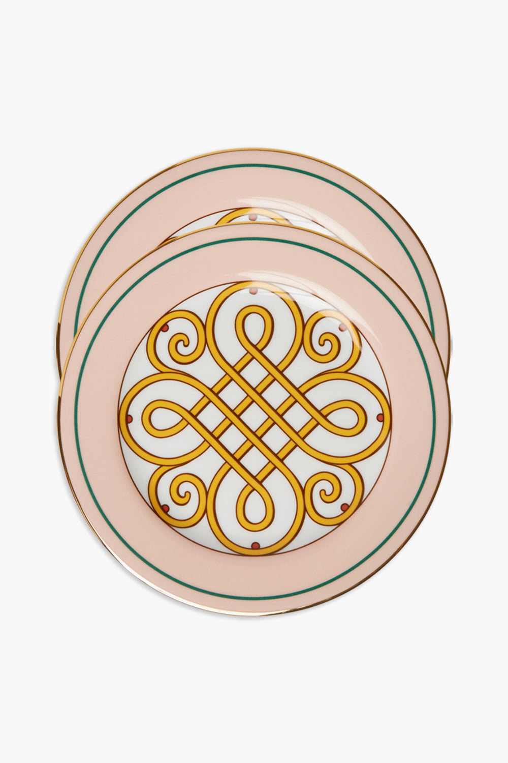 Two La DoubleJ Italian porcelain dessert plates, featuring a pink rim, central gold geometric scrollwork, and an elegant 18k gold edge, are stacked with a slight overlap.