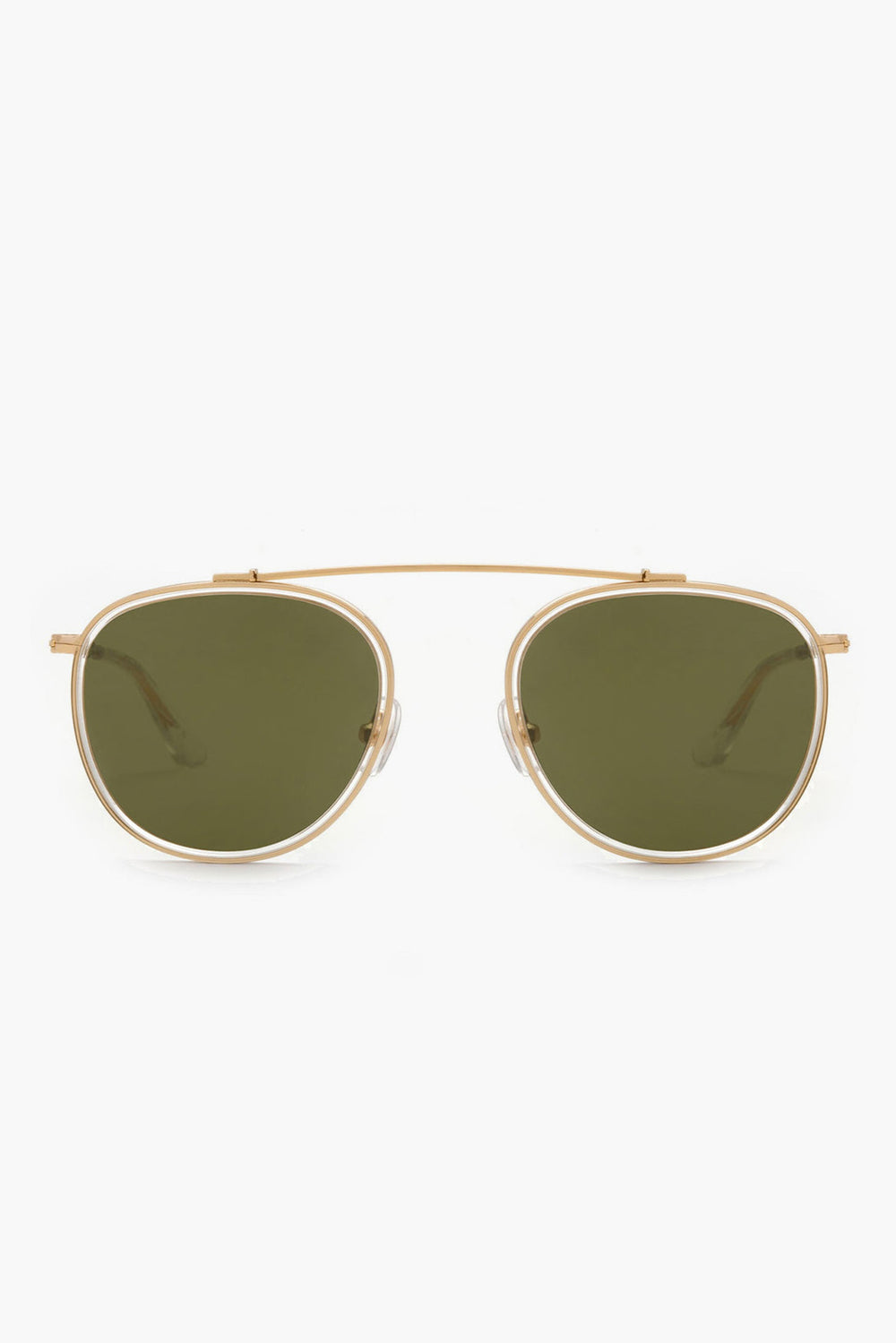 KREWE du optic Chartres Sunglasses featuring gold frames, handcrafted design, a top bar, and green-tinted lenses.