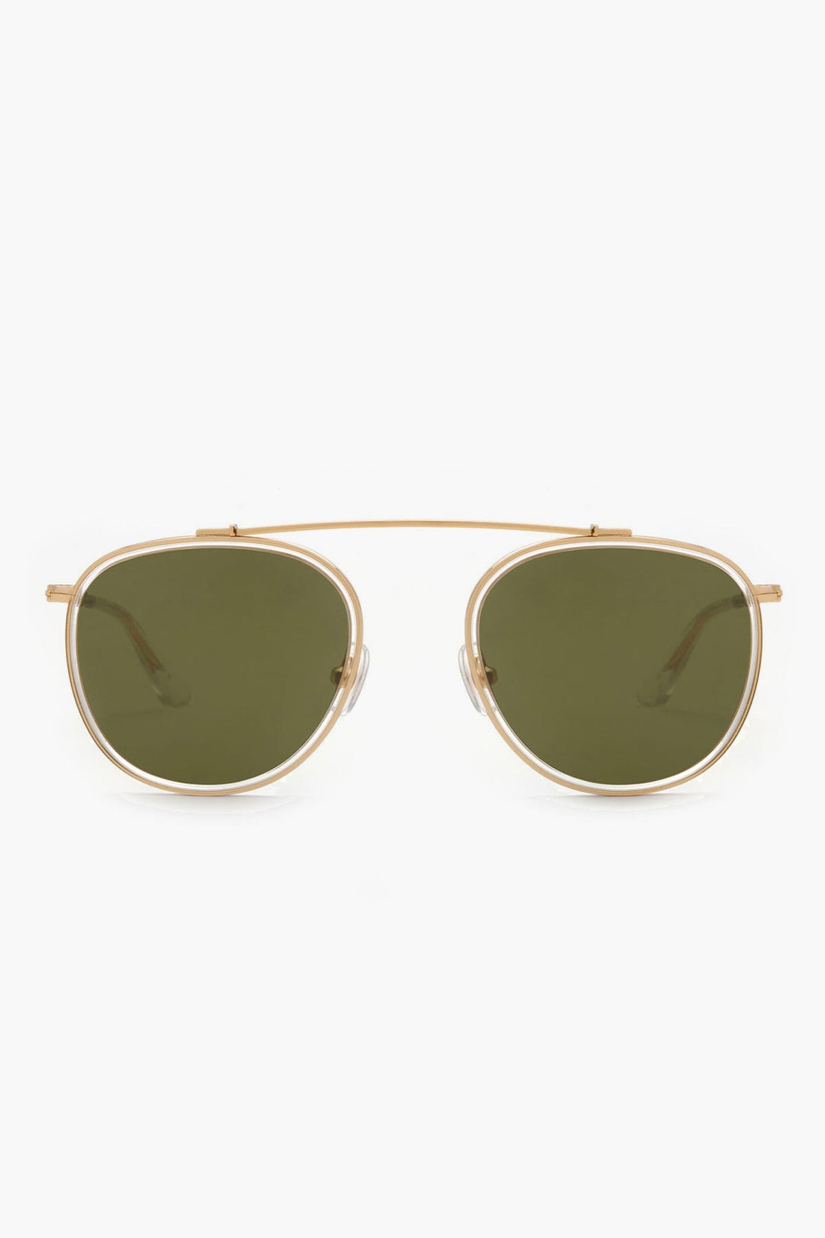KREWE du optic Chartres Sunglasses featuring gold frames, handcrafted design, a top bar, and green-tinted lenses.