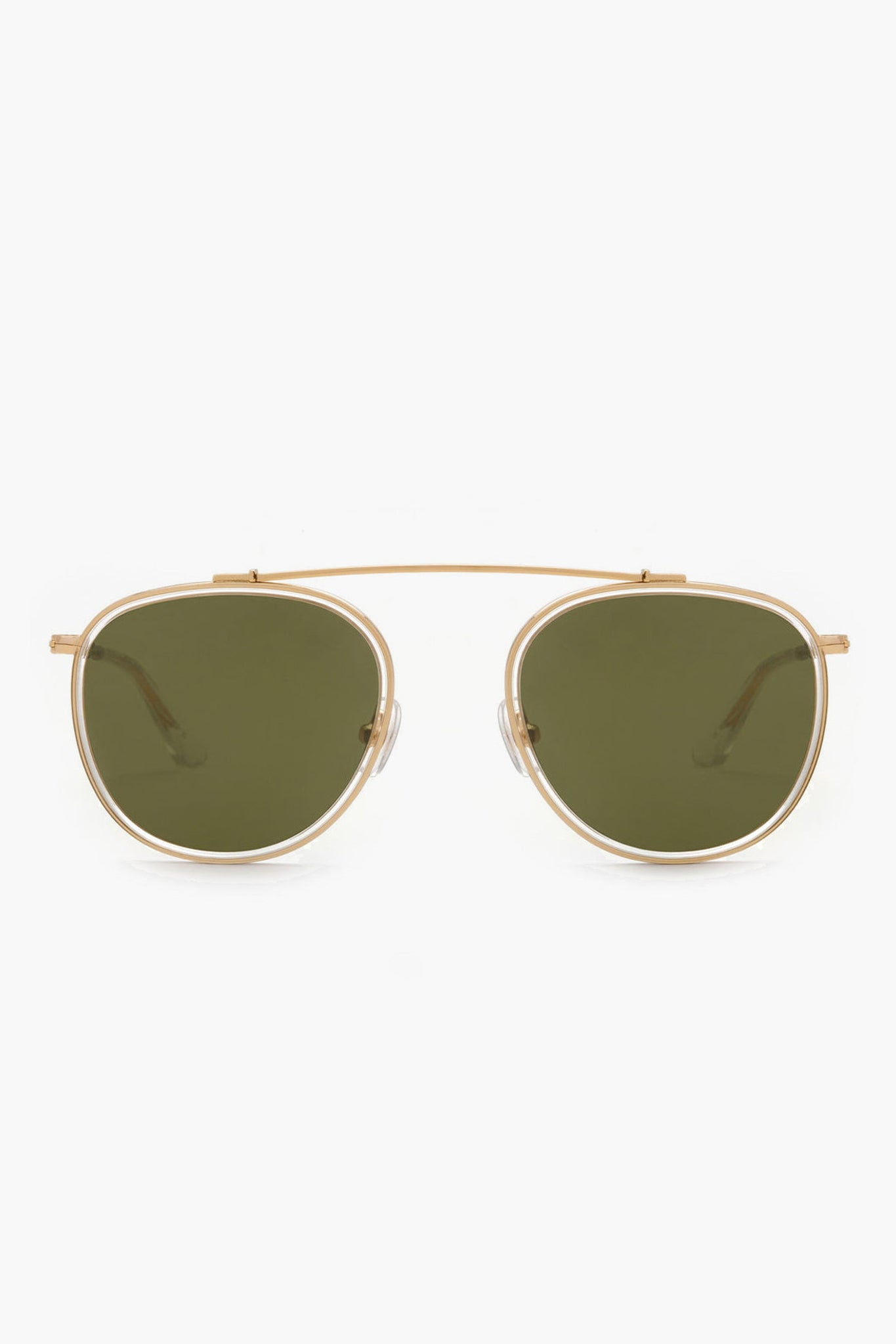 KREWE du optic Chartres Sunglasses featuring gold frames, handcrafted design, a top bar, and green-tinted lenses.