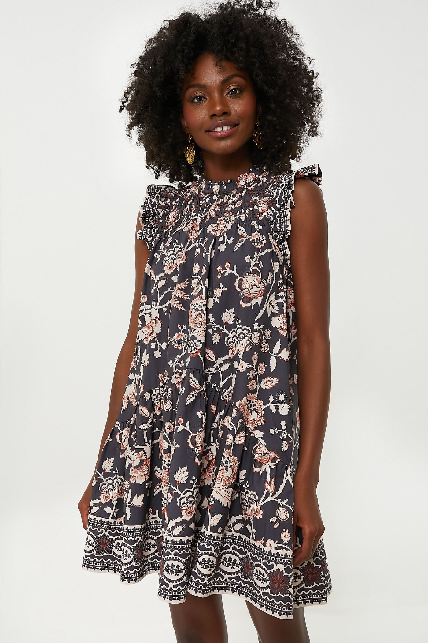 love the label mini dress WOMEN'S MINI DRESS PRINTED COTTON DRESS WOMEN'S YELLOW DRESS WOMEN'S SUMMER DRESS Forsythia Floral Print / M