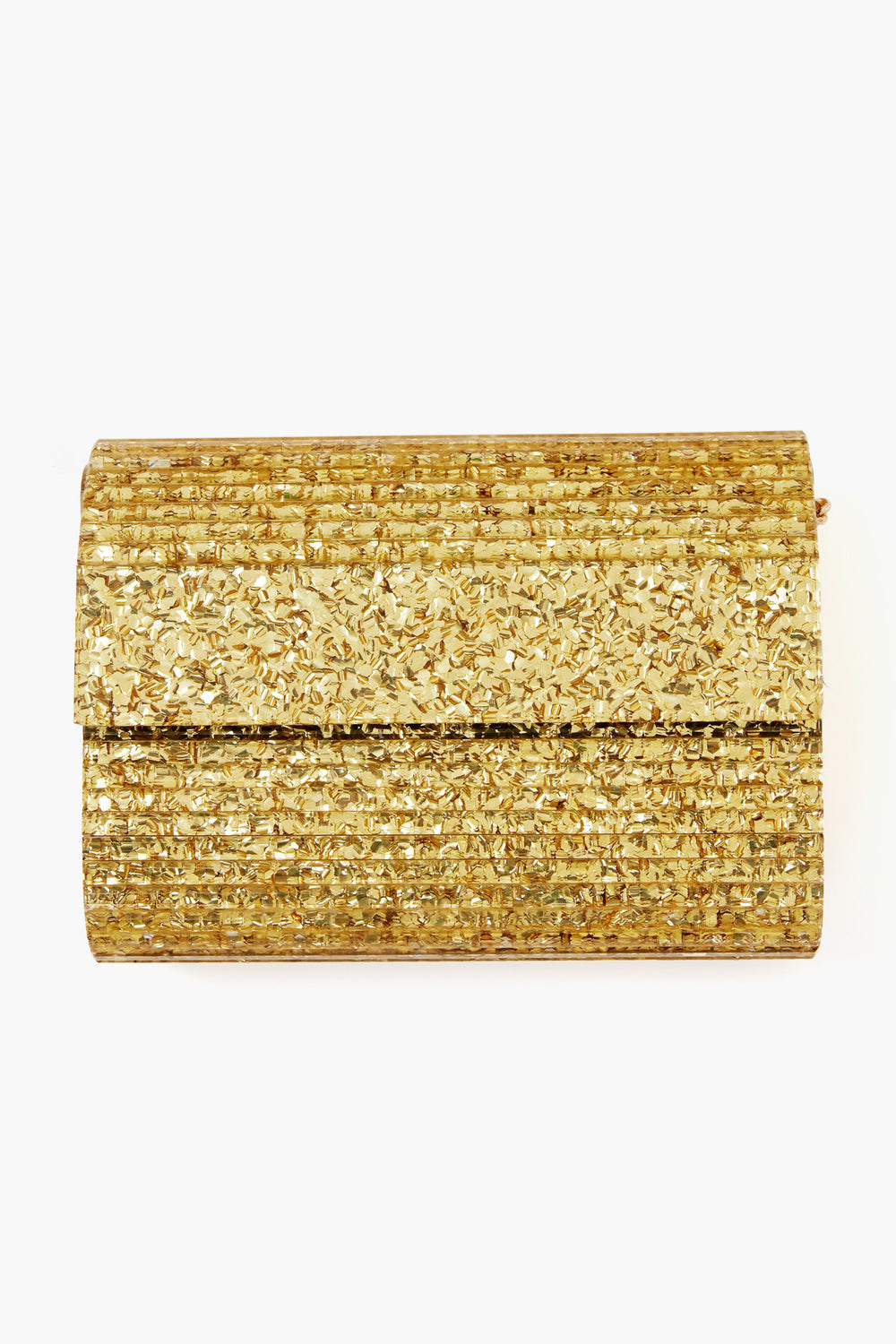 Olga Berg rectangular gold glitter clutch with a textured, shiny surface and flap closure—perfect as an evening bag.