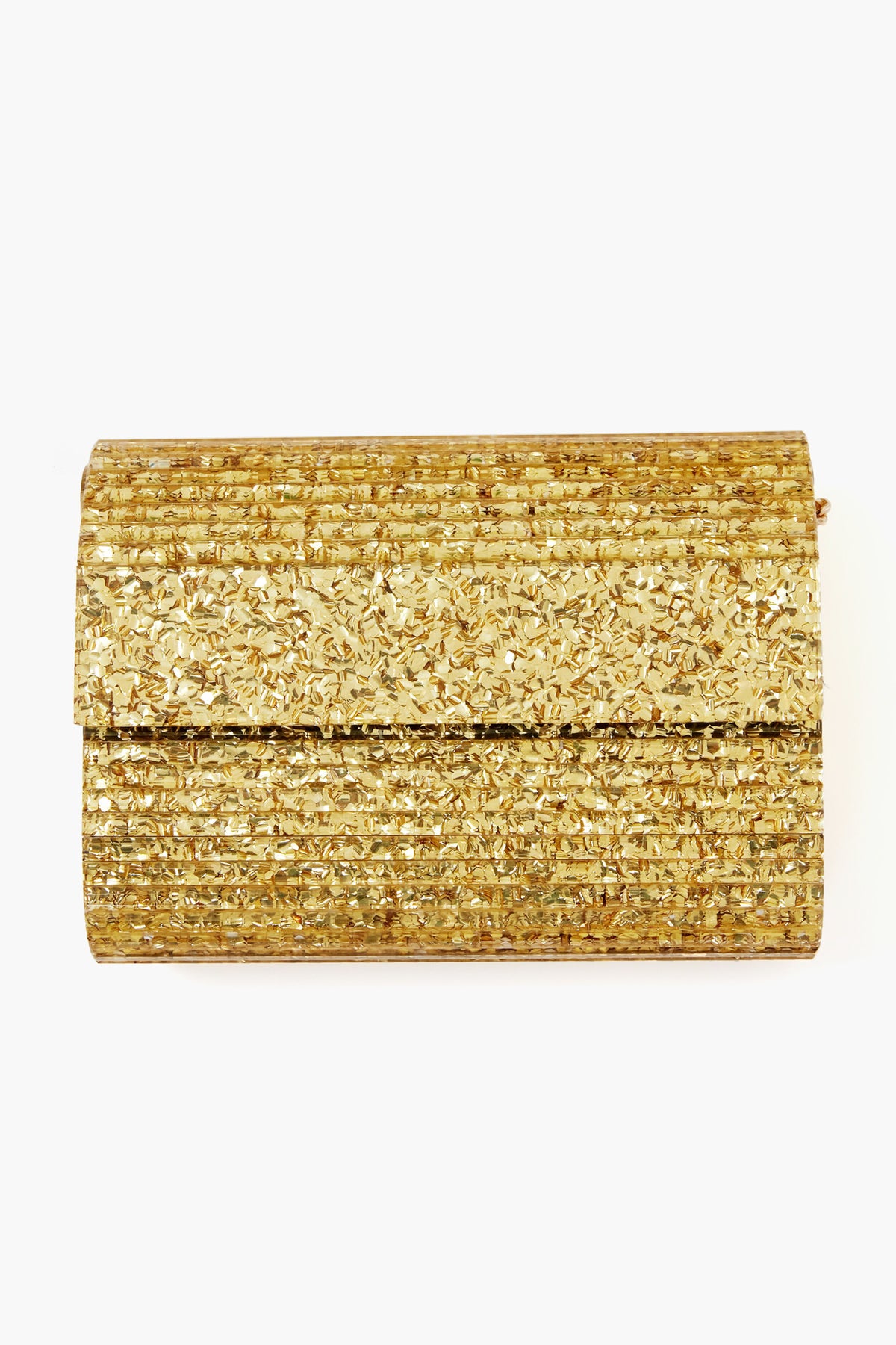 Olga Berg rectangular gold glitter clutch with a textured, shiny surface and flap closure—perfect as an evening bag.