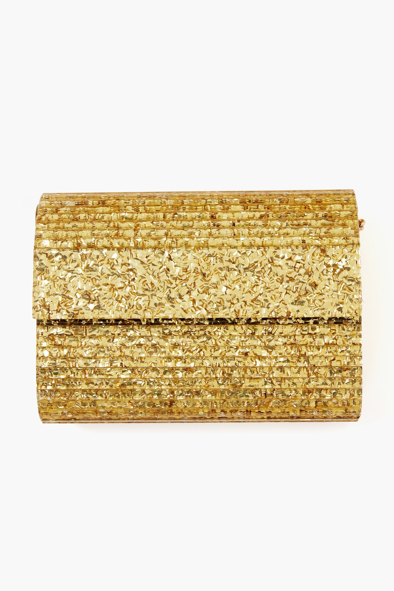 Olga Berg rectangular gold glitter clutch with a textured, shiny surface and flap closure—perfect as an evening bag.