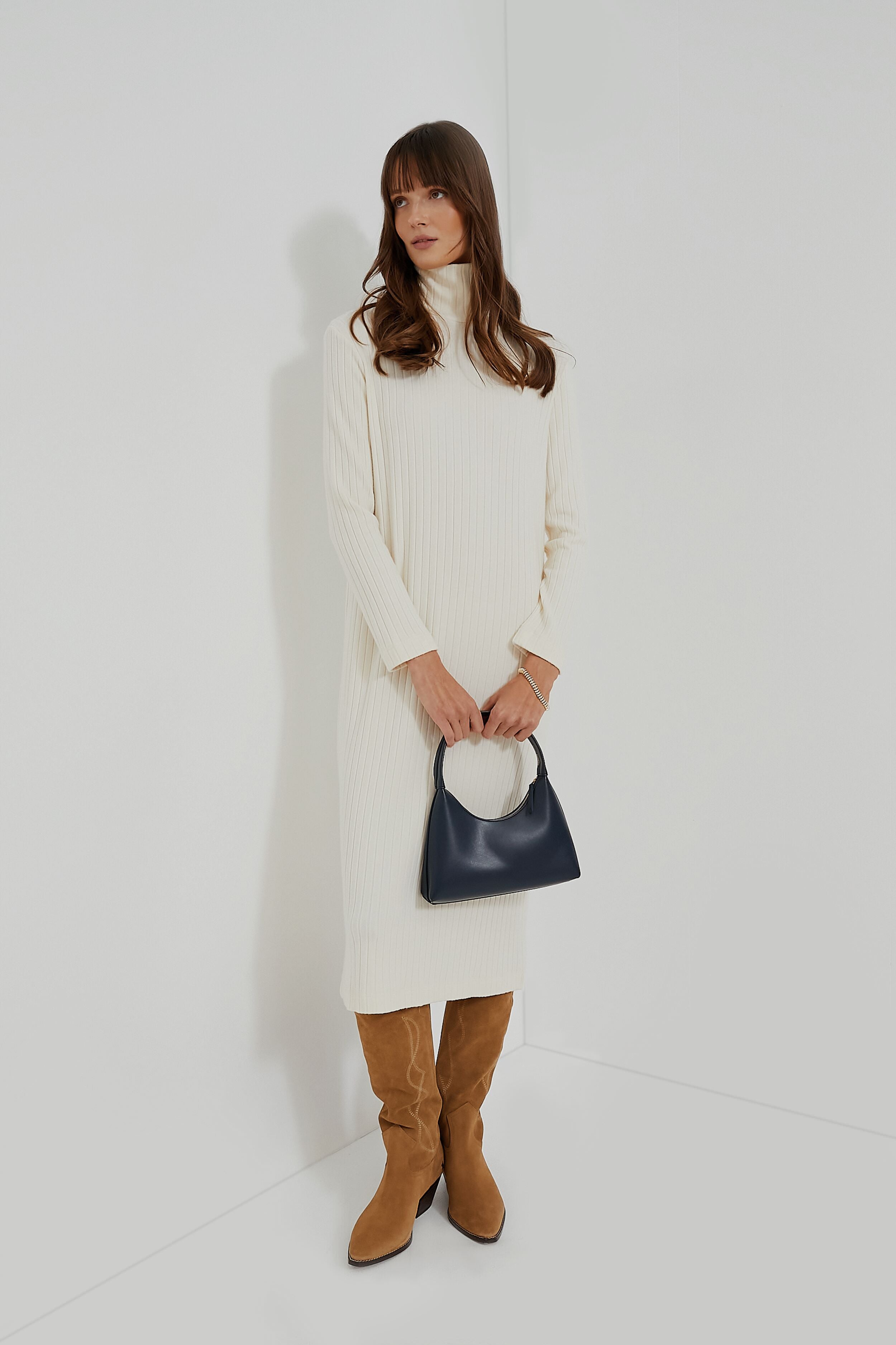 white ribbed turtleneck dress Ribbed Knit Turtleneck Sweater Dress