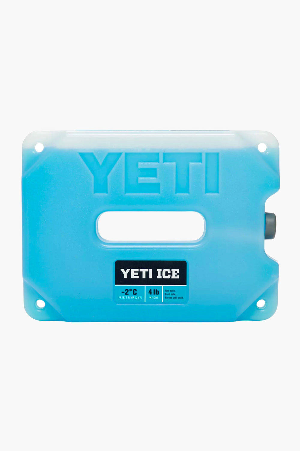 A blue rectangular YETI ICE pack with a central handle and label showing 4 lbs keeps contents at -2°C, making it an ideal YETI cooler accessory for optimal ice retention.