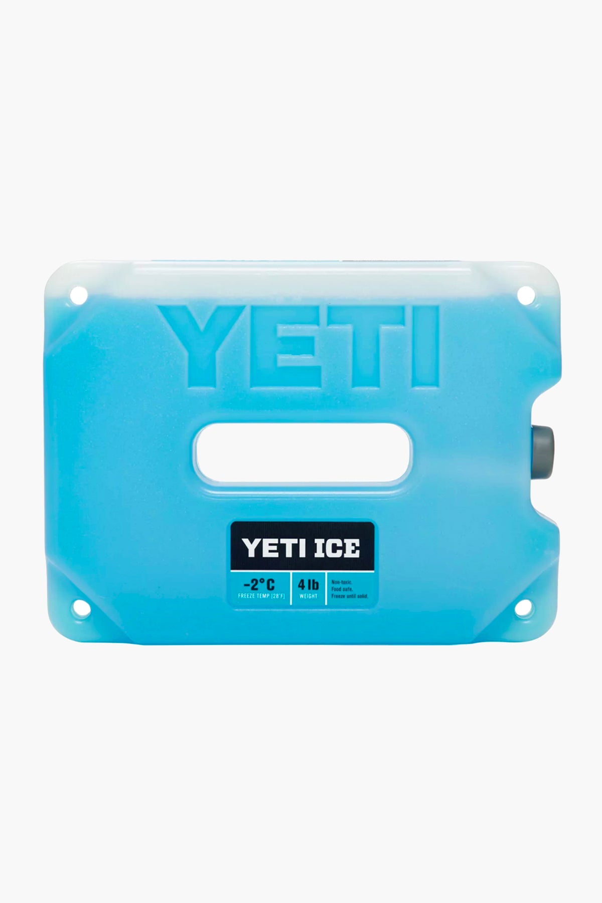 A blue rectangular YETI ICE pack with a central handle and label showing 4 lbs keeps contents at -2°C, making it an ideal YETI cooler accessory for optimal ice retention.