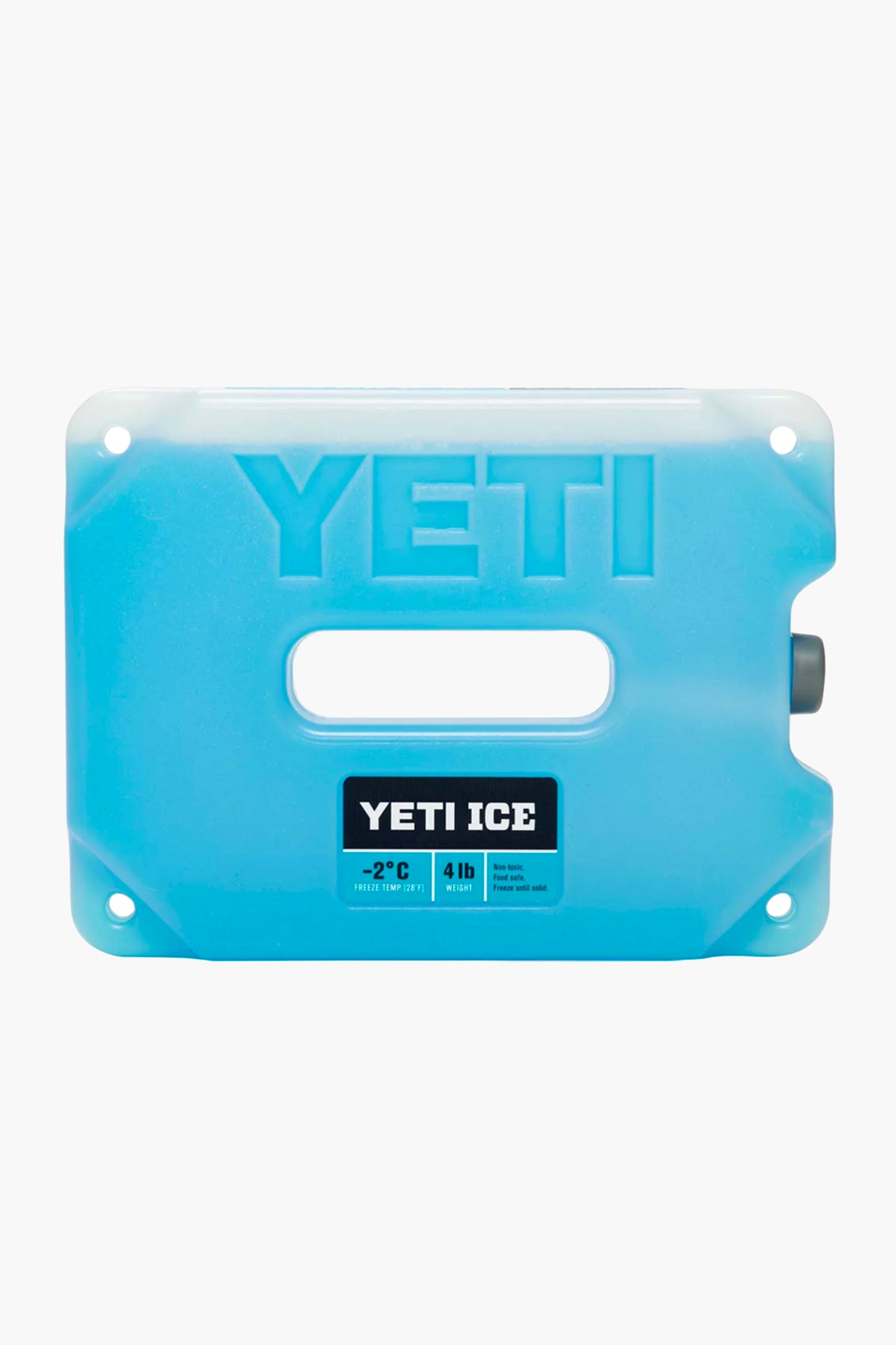 A blue rectangular YETI ICE pack with a central handle and label showing 4 lbs keeps contents at -2°C, making it an ideal YETI cooler accessory for optimal ice retention.
