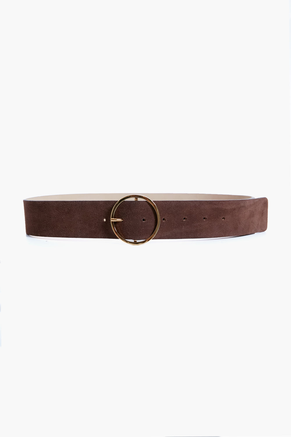 The B-Low the Belt brown chocolate Molly belt features suede, a wide strap, and a striking gold circle buckle—perfect as a leather hip belt to elevate your outfit.
